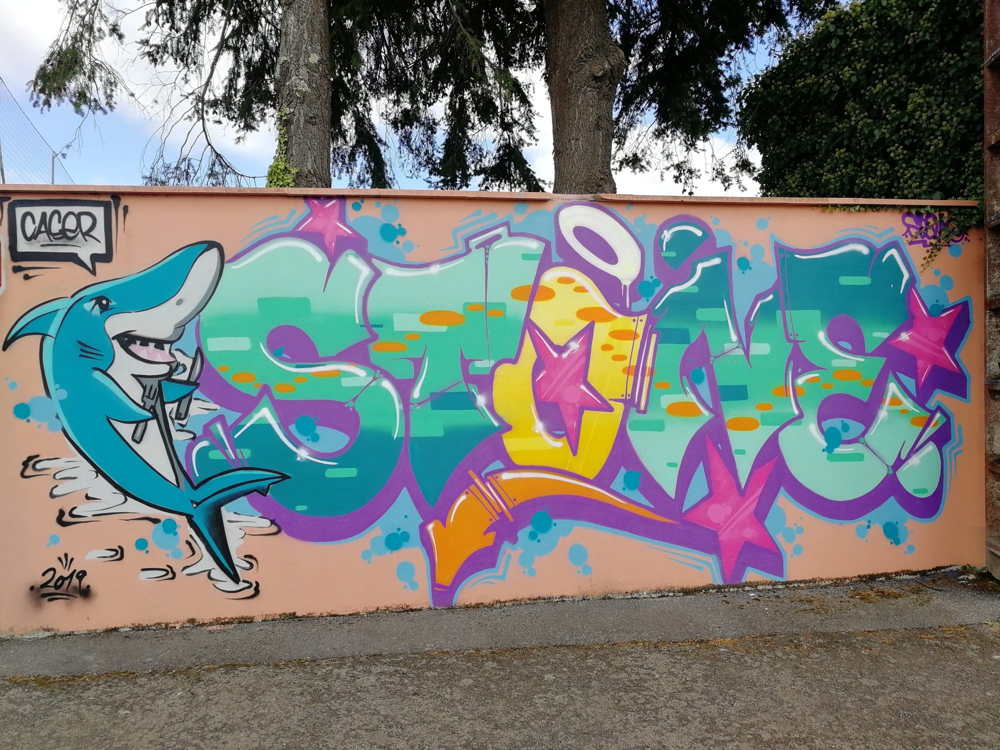 Colorful Lettering and Shark by Caser — Street art in Morlaix