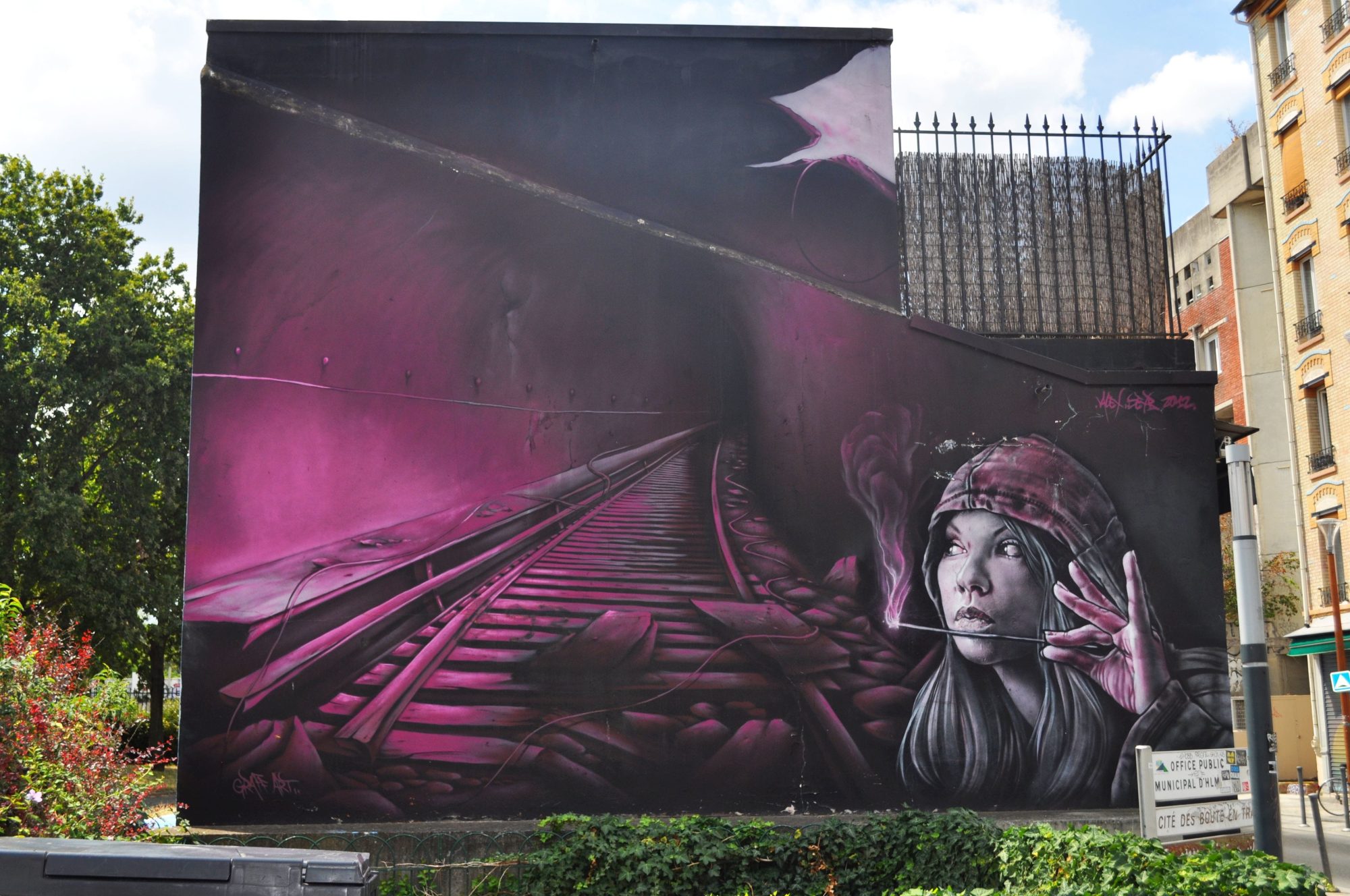 Young Girl on the Rails by Akhine — Street art by Akhine, Seyb in Saint-Ouen