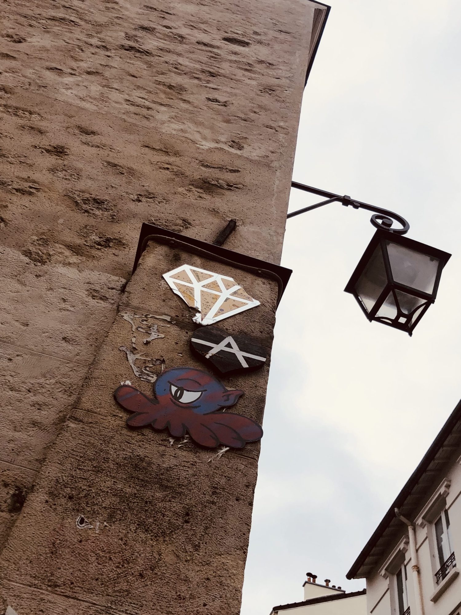 Mirror Diamonds and a Cut-out Octopus — Street art by A2, Le Diamantaire, Gzup in Paris