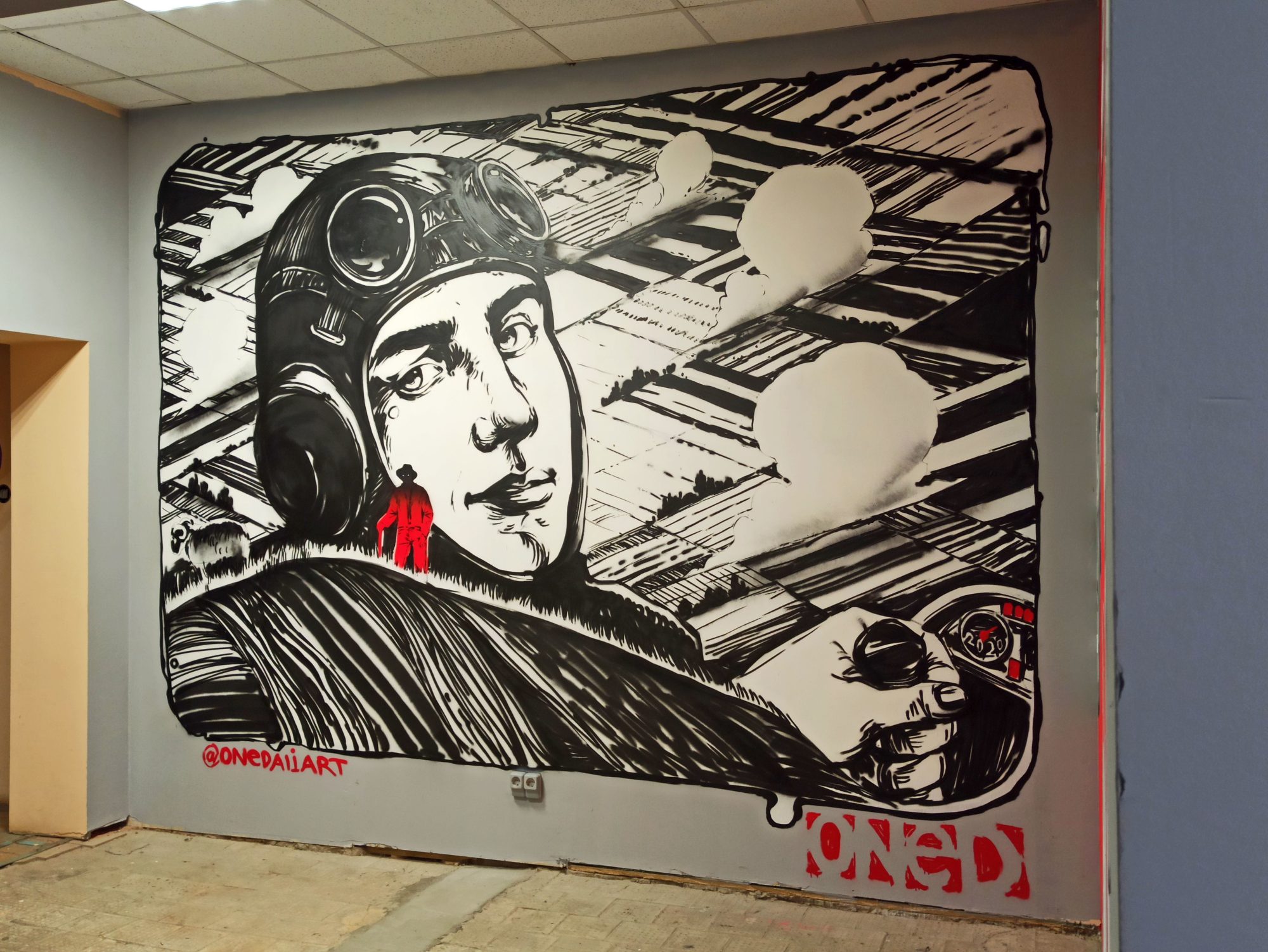 Portrait de pilote en noir et blanc par Onedali — Street art de Onedali à Moskva