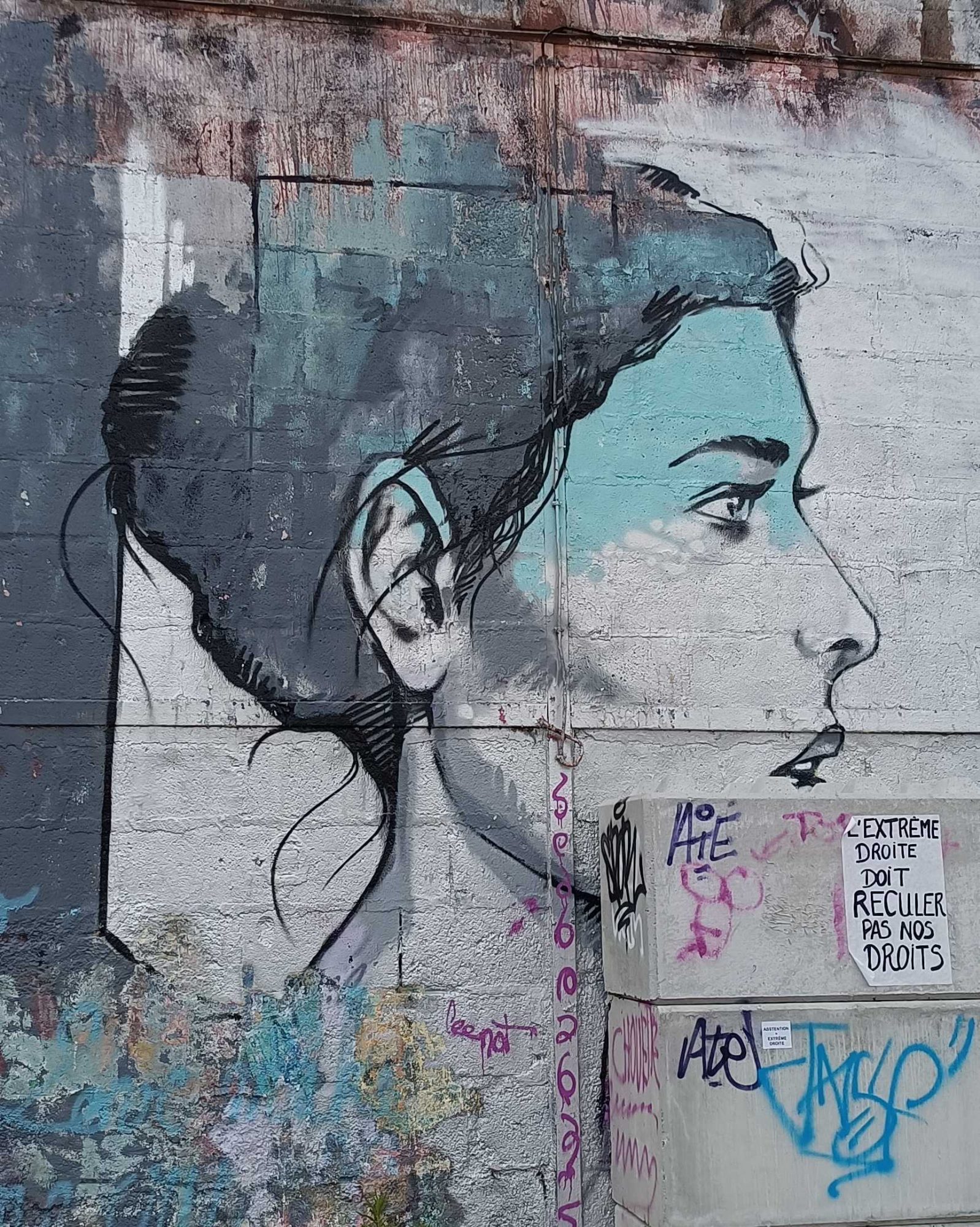 Female Profile on Turquoise Background by Jef — Street art by Jef in Redon