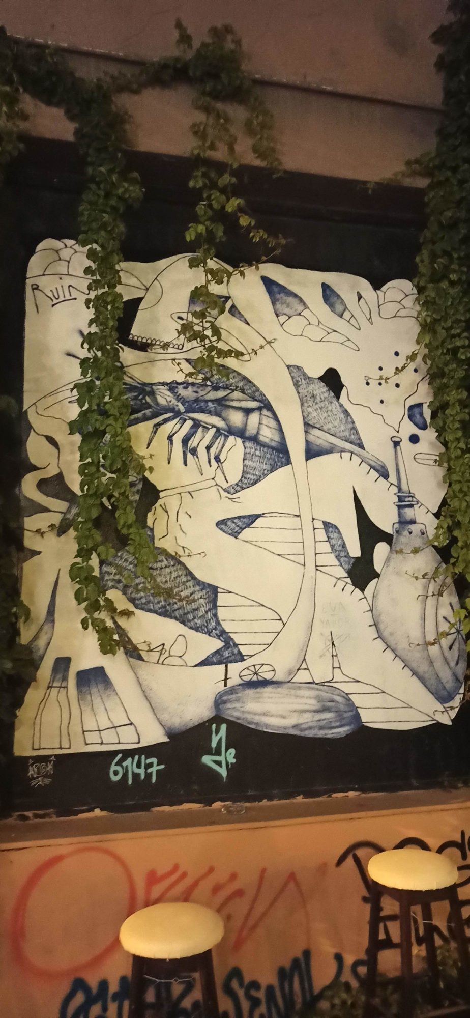 Langoustine and Fish in Blue Line — Street art in Athina