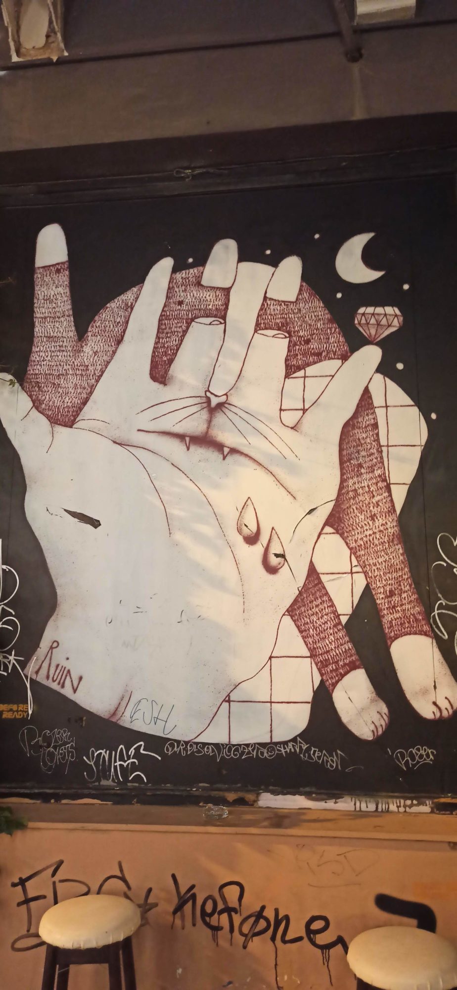 Two White Hands Beneath the Crescent — Street art in Athina