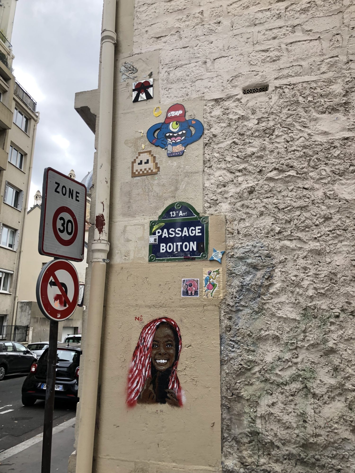 Street Art Accumulation at Passage Boiton — Street art by A2, Gzup, Invader in Paris