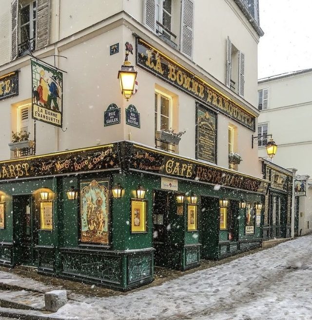 La Bonne Franquette in the Snow — Street art by A2 in Paris