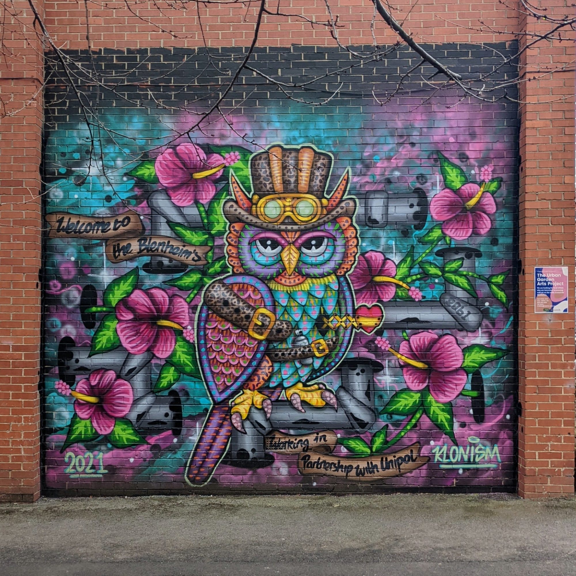 Steampunk owl with flowers, Klonism — Street art by Klonism in Leeds