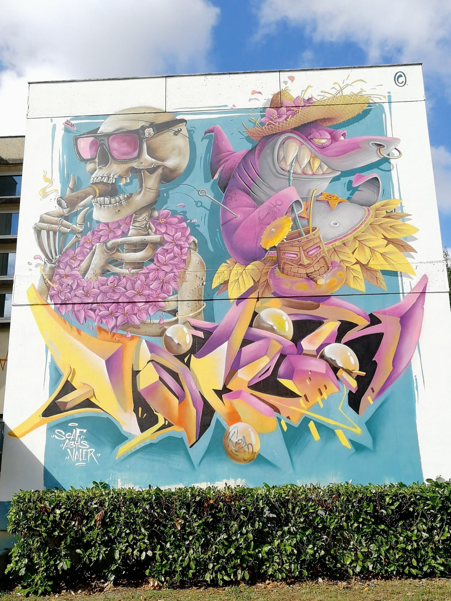 Tropical skull and festive shark, Abys — Street art by Abys, Scaf, Valer in Pessac