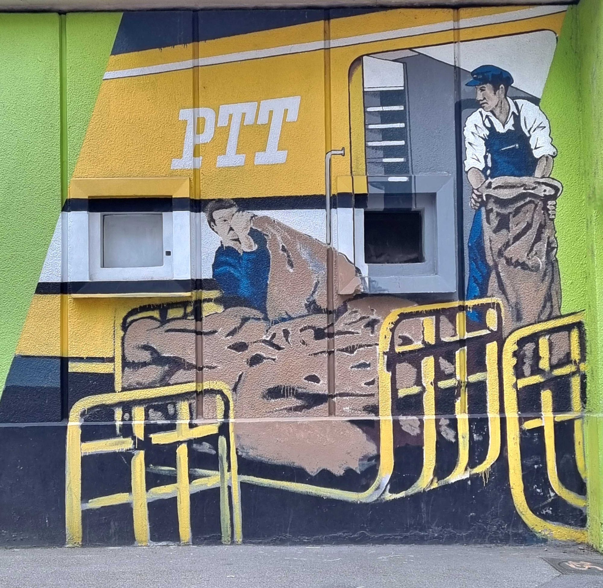 Postal Workers and Yellow PTT Truck — Street art in Grenoble