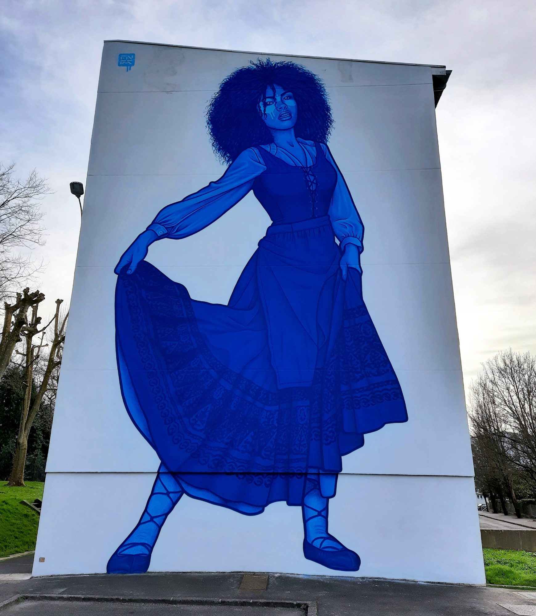 Blue Monochrome Female Silhouette — Street art by Fin Dac in Bayonne