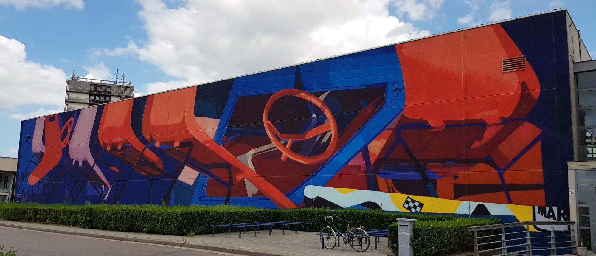 Abstract Blue and Red Mechanical Composition — Street art by Zoer, Matth Velvet (Pommier) in Oostende