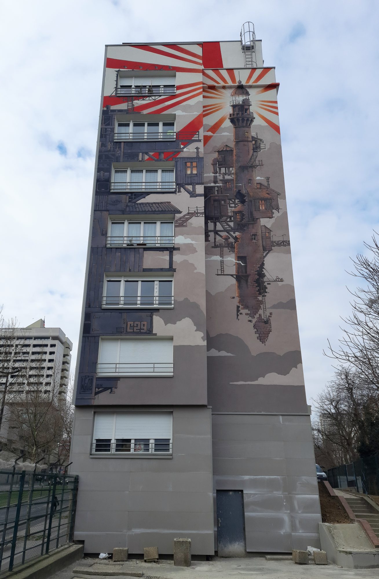 The Machine Tower in the Clouds — Street art by WEN2 in Paris