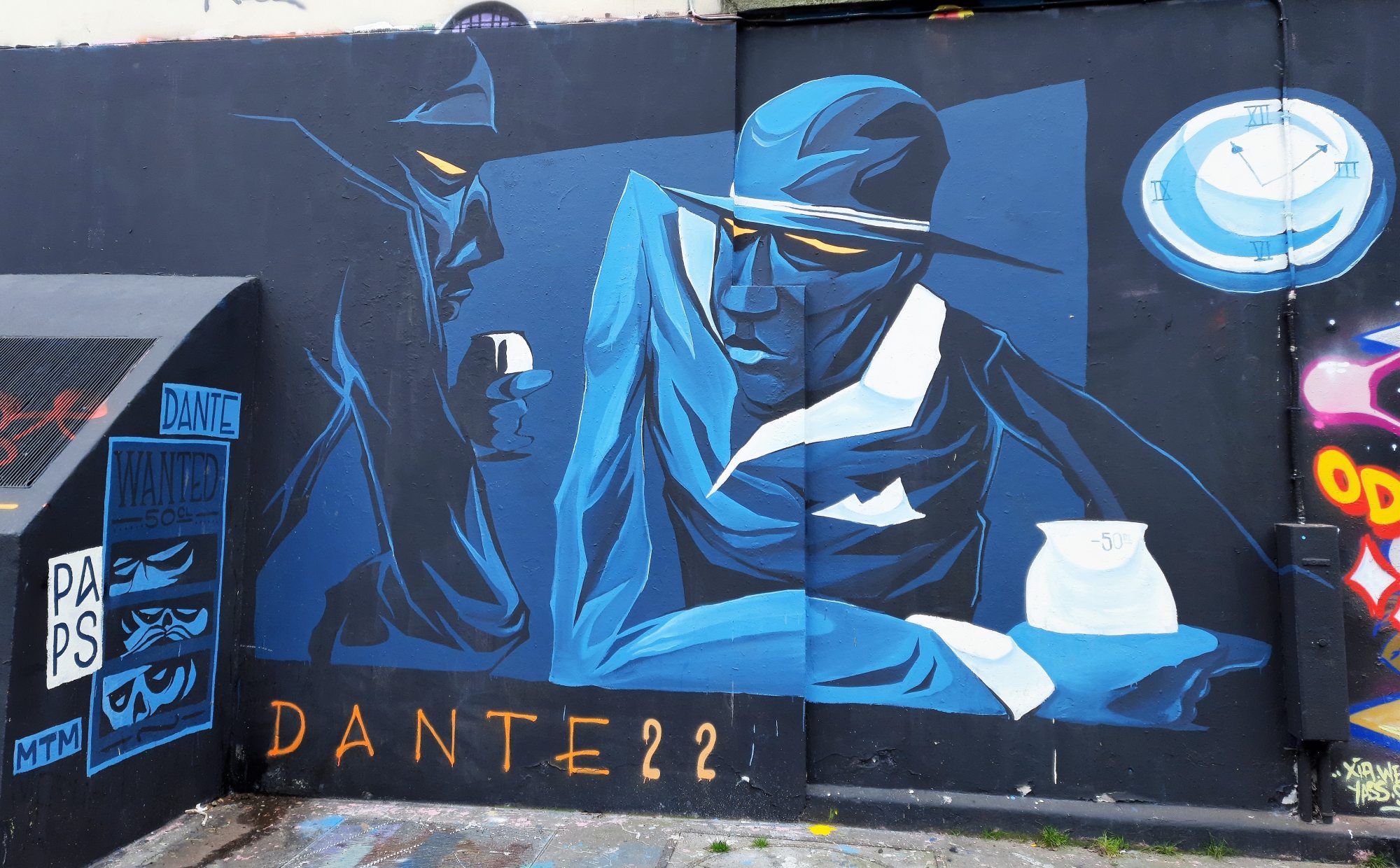 The Skeleton with a Newspaper and the Rendez-vous at the Bar — Street art by Dante, Cannibal Letters in Paris