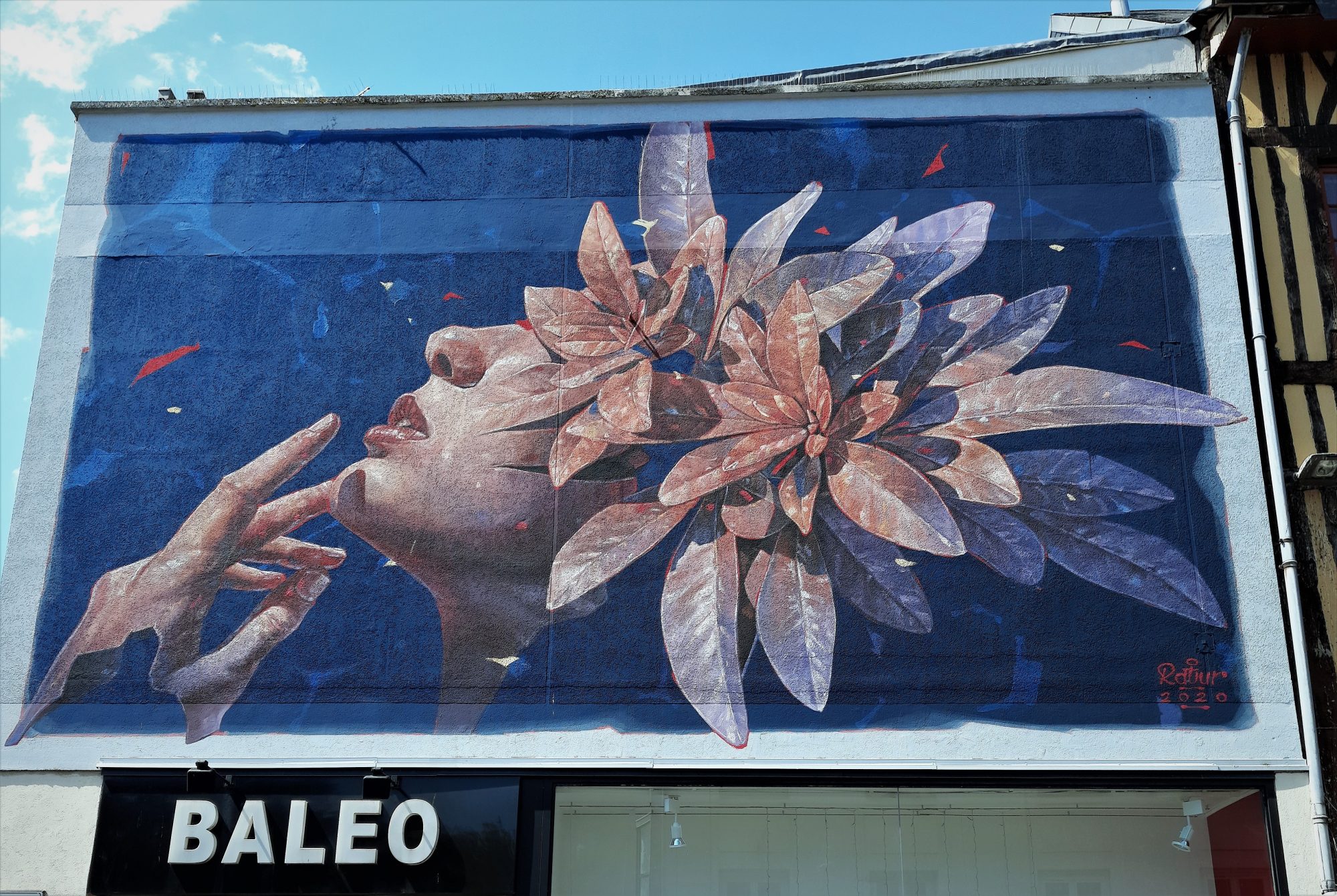 Woman with pink leaves by Ratur — Street art by Ratur in Rouen
