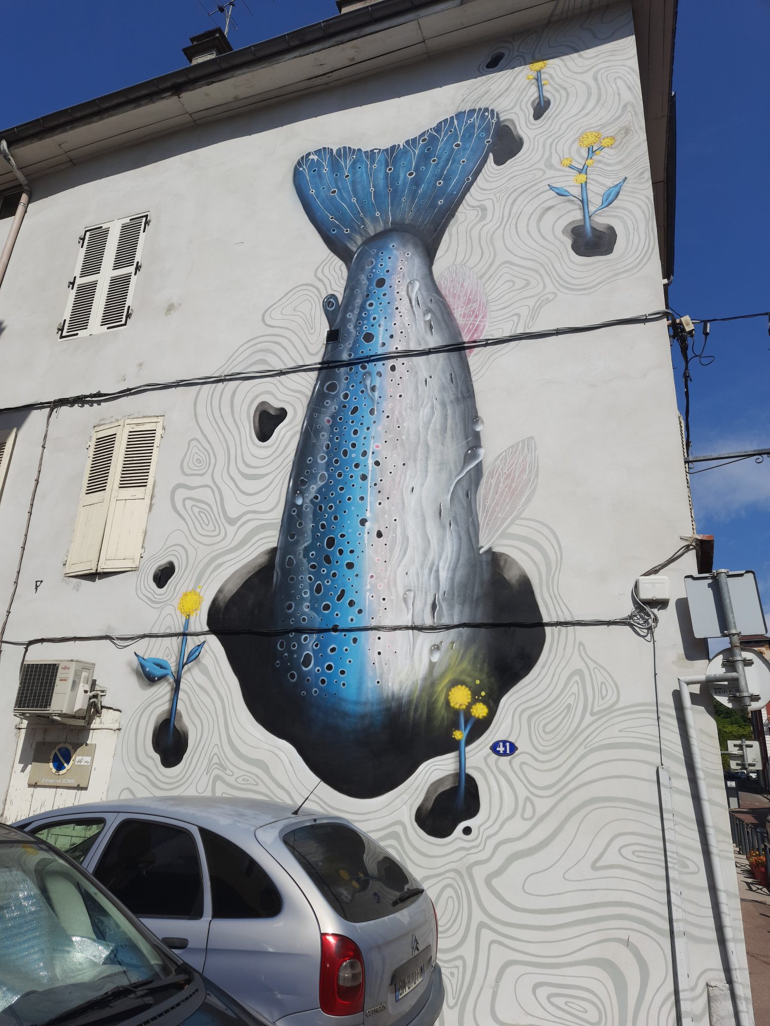 Truite bleue de Veks Van Hillik, côté queue — Street art de Veks Van Hillik à Voiron