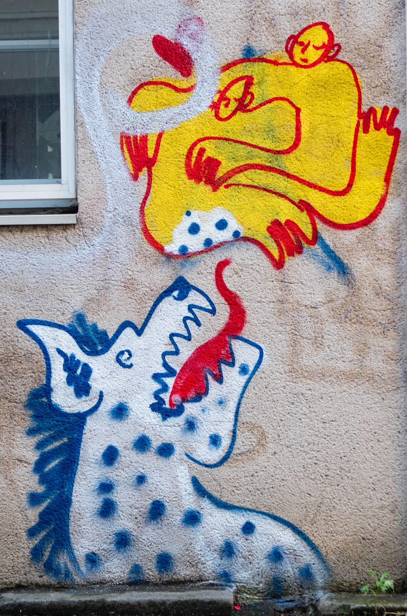Spotted Beast and Yellow Figure — Street art in Angers