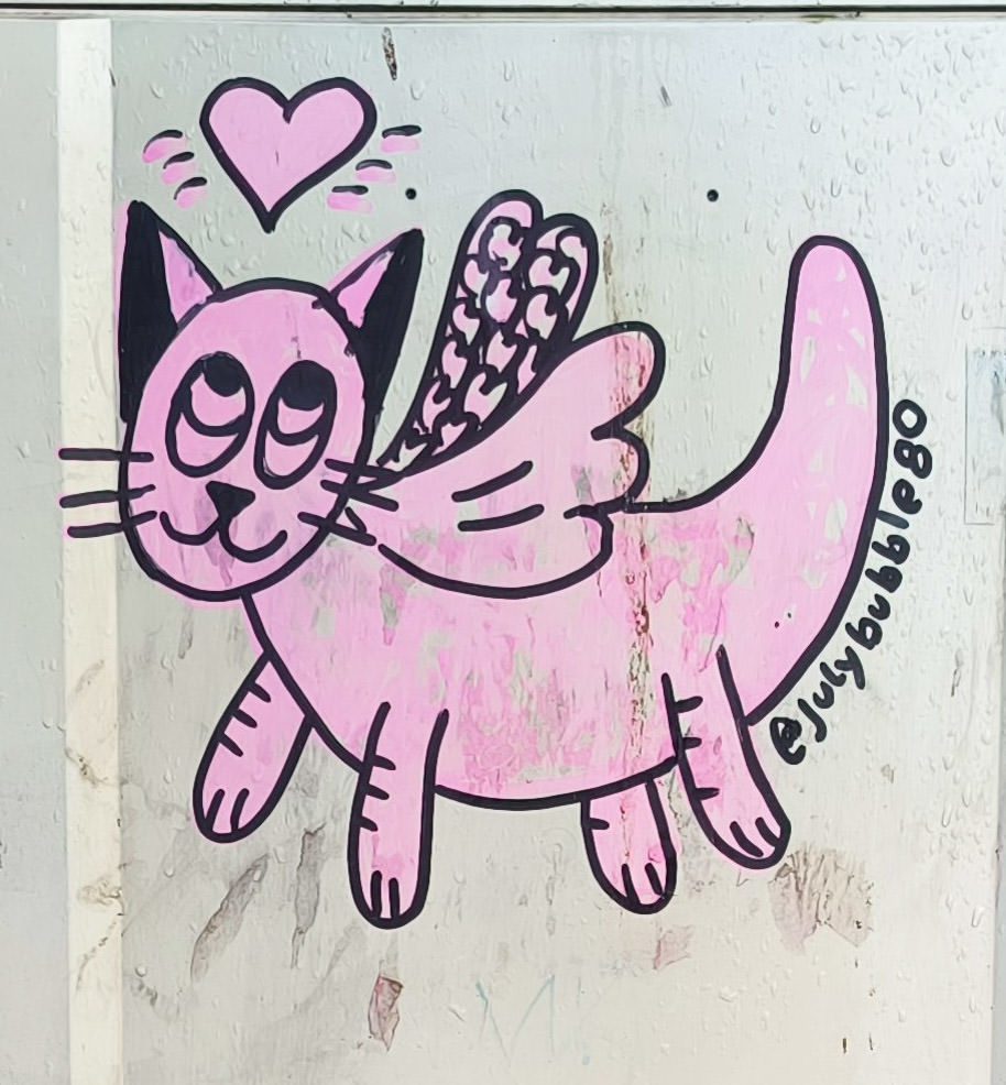 Winged Pink Cat with a Heart — Street art in Angers