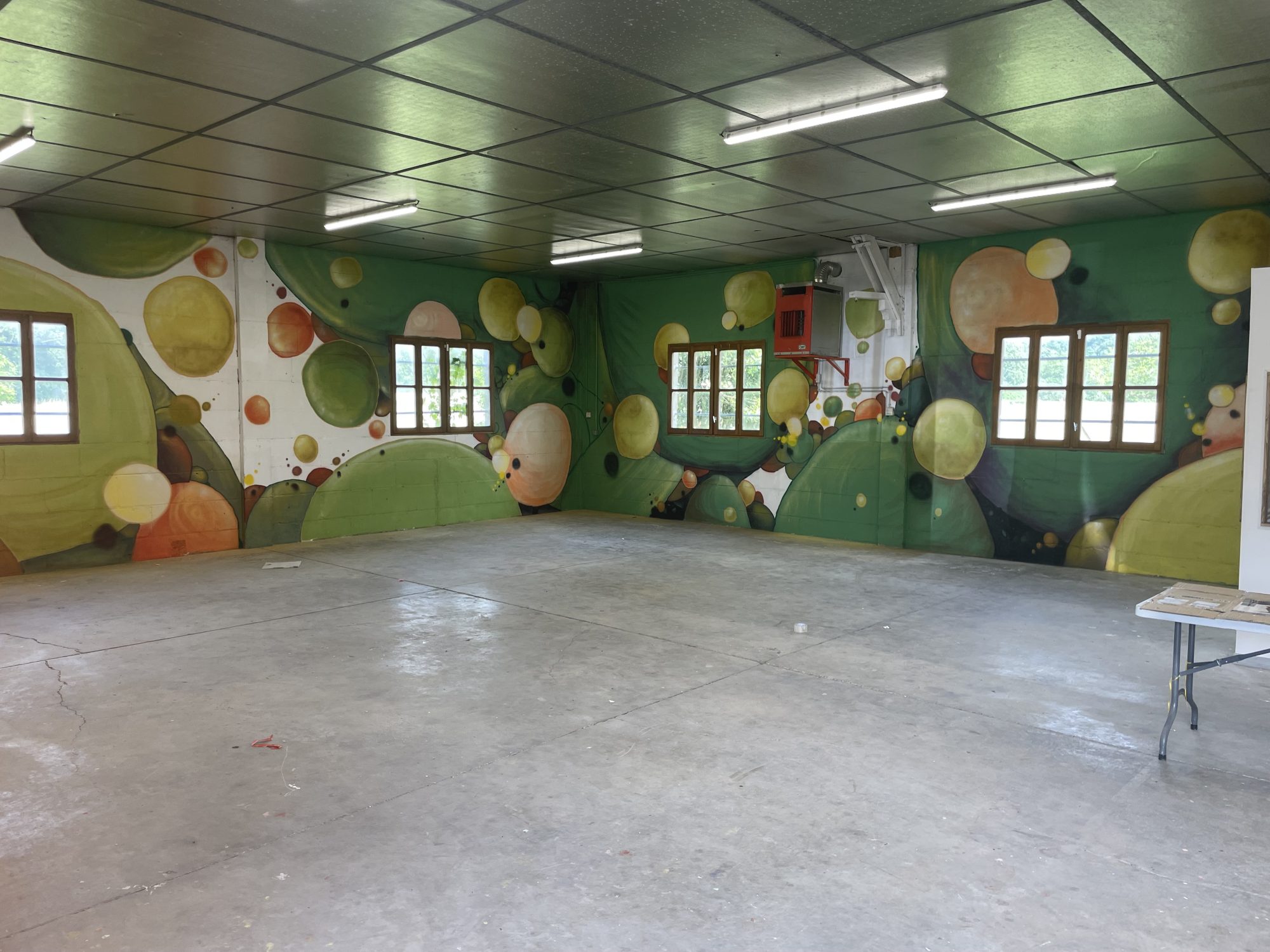Fresque murale intérieure - bulles vertes et colorées — Street art à Saint-Front-de-Pradoux
