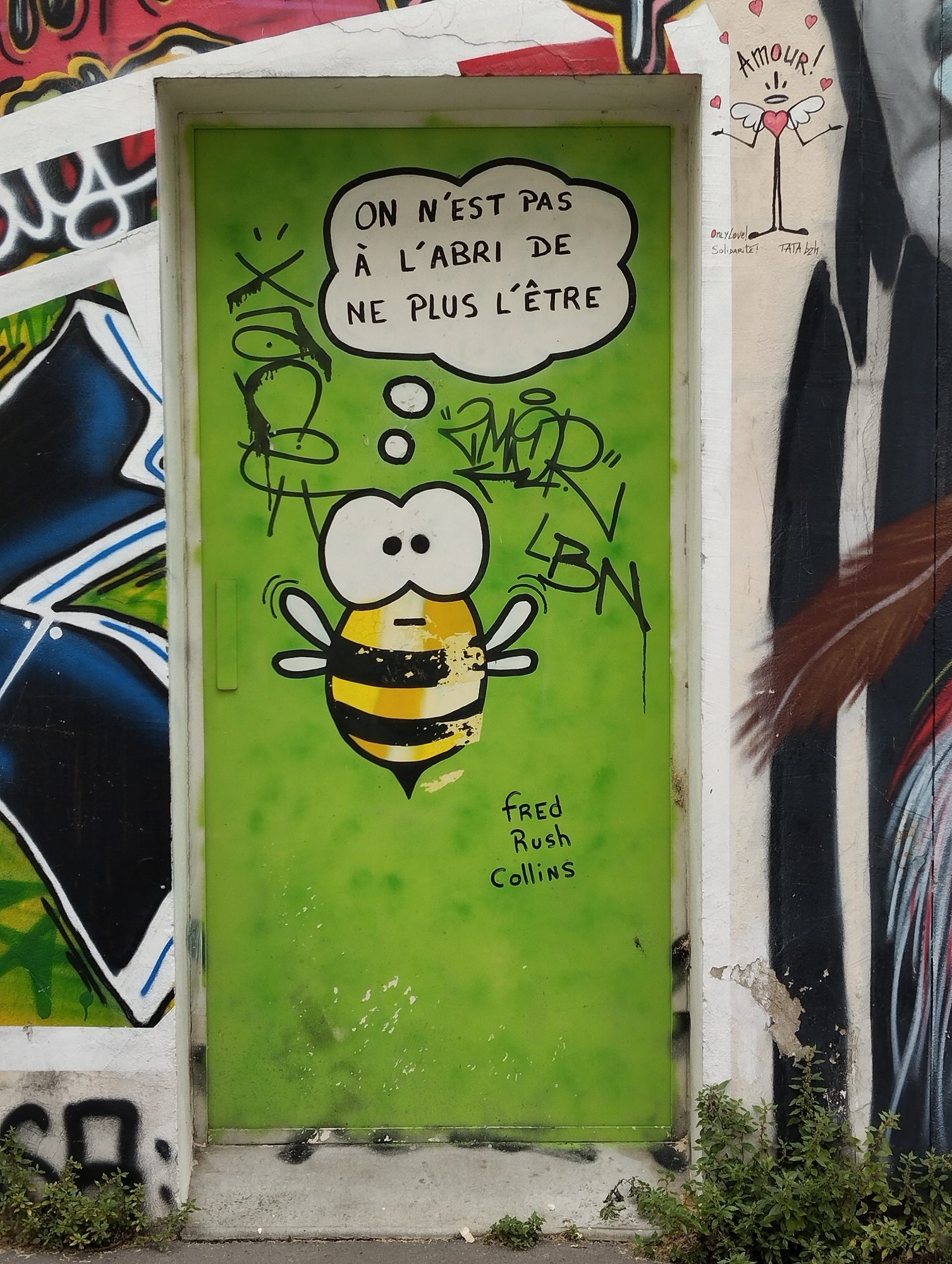 Abeille philosophe sur porte verte — Street art à Bordeaux