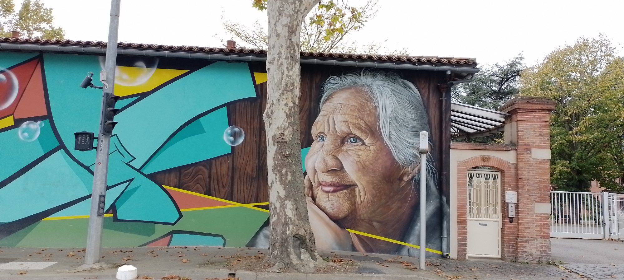 Panoramic Mural of Smiling Old Man — Street art in Toulouse