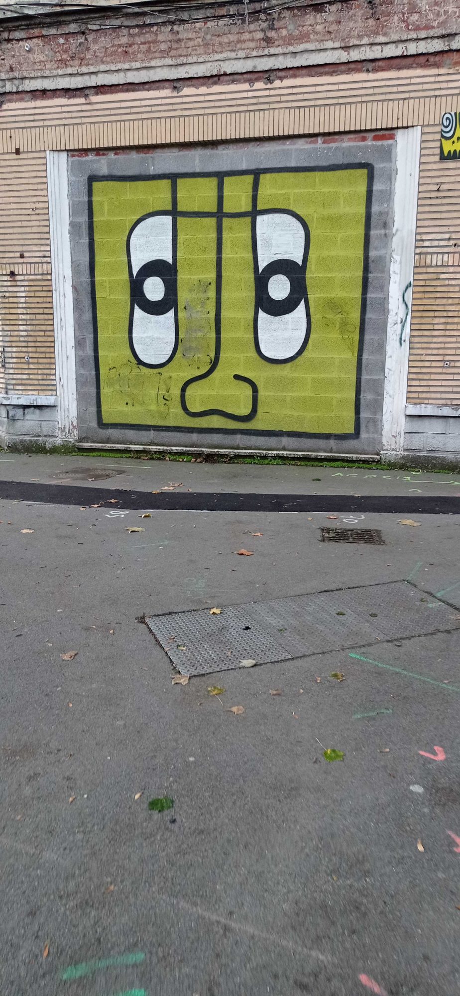 Visage cartoon sur porte de garage — Street art à Lille