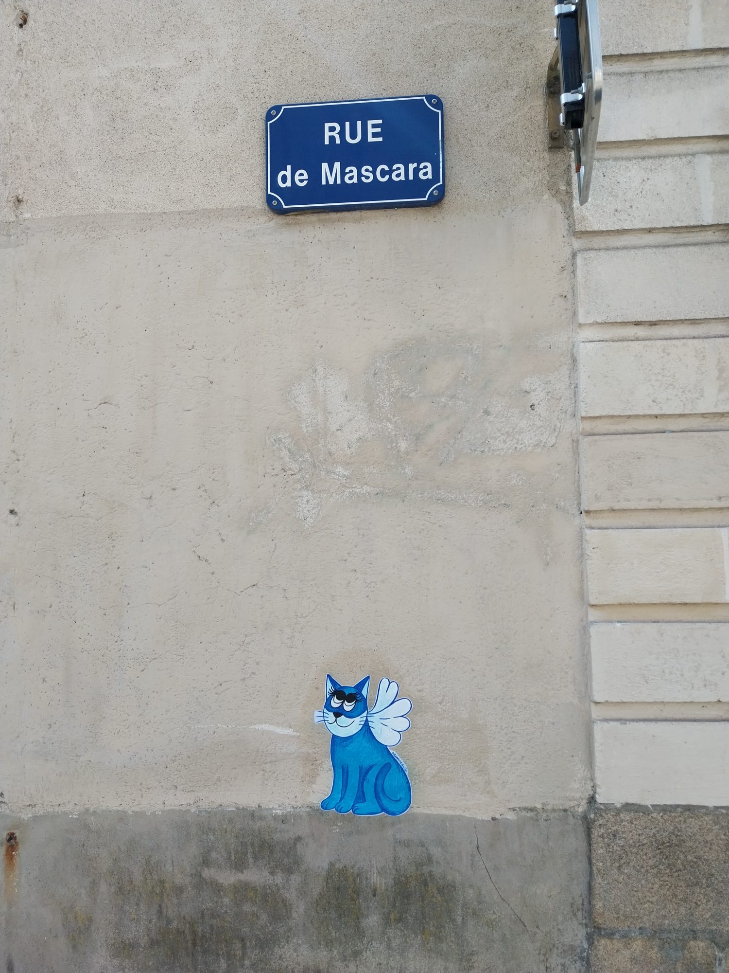 Chat bleu ailé Mascara — Street art à Nantes