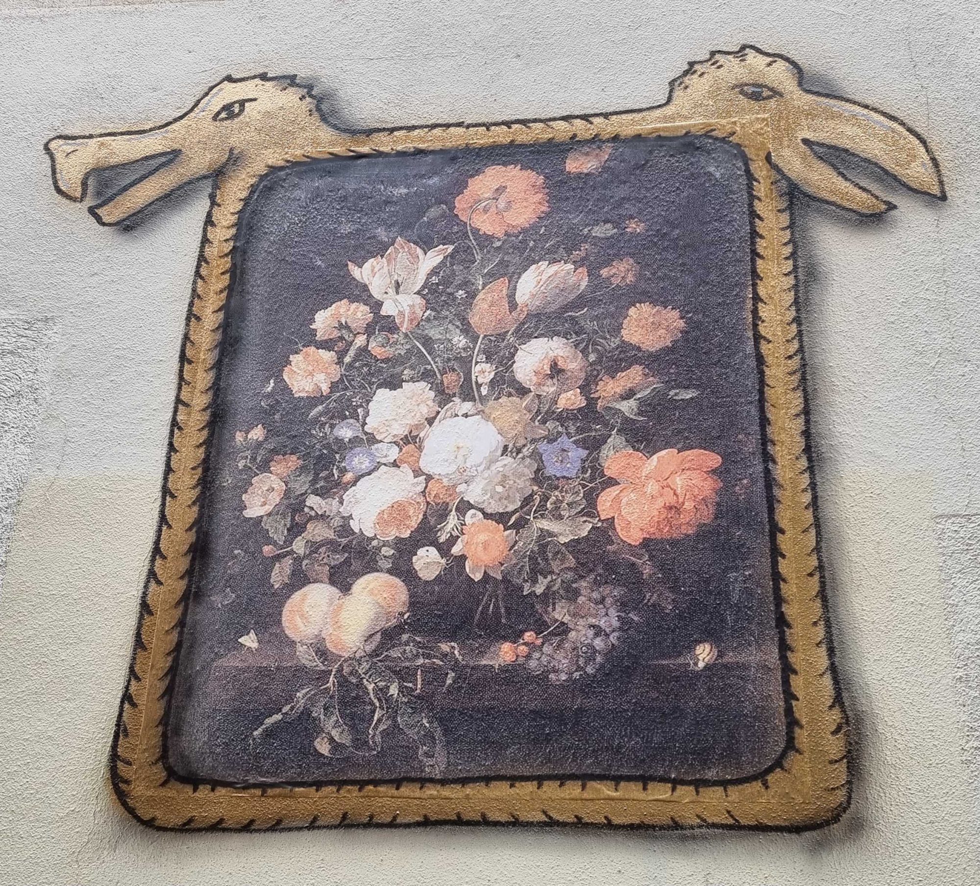 Twin Giraffes and Flemish Bouquet — Street art by Codex Urbanus in Clermont-Ferrand