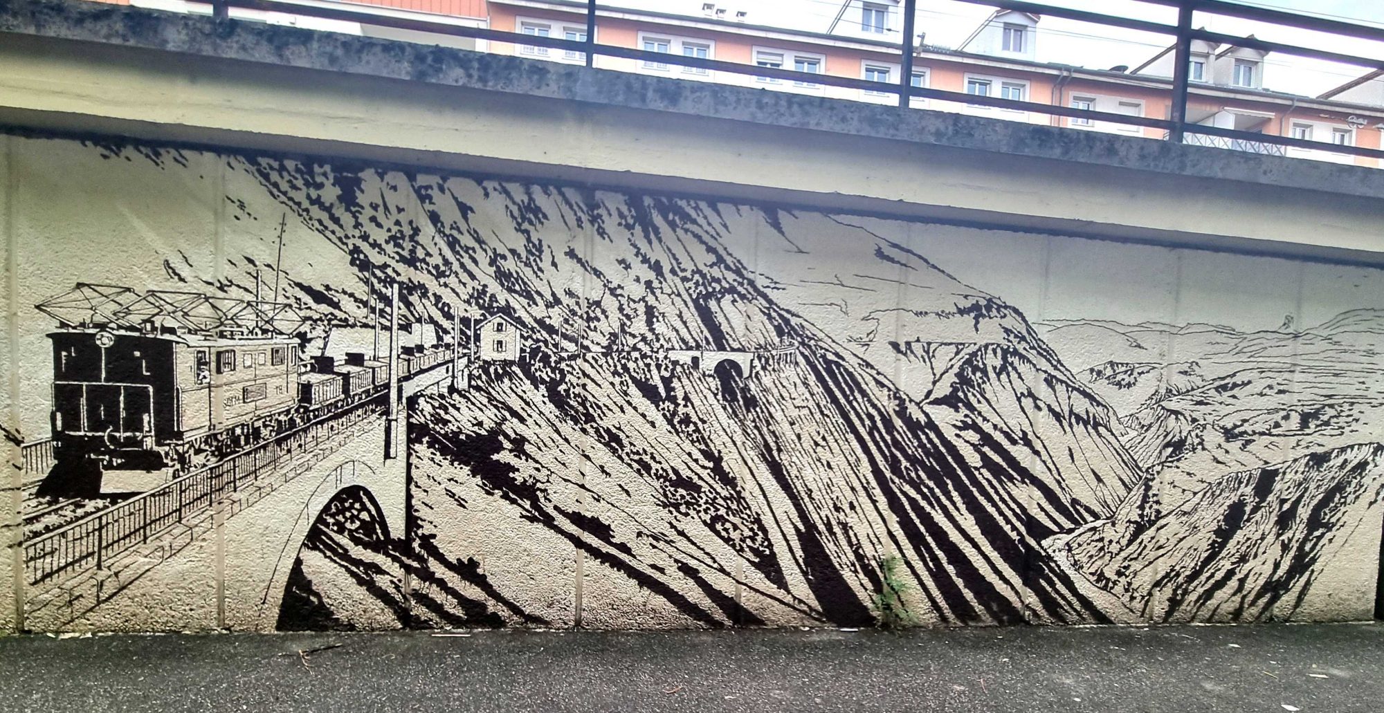 Train on Alpine Viaduct in Black and White — Street art in Grenoble