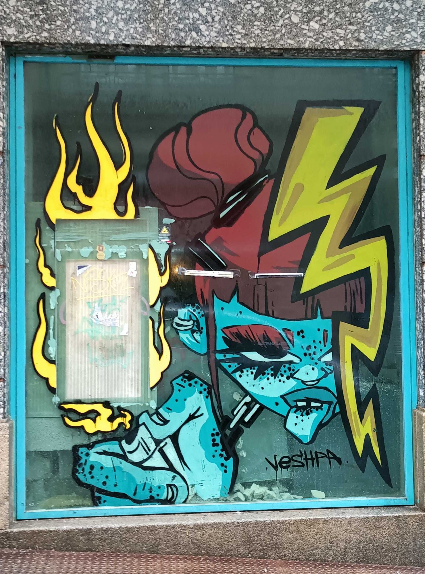 Turquoise Creature and Lightning by Veshpa — Street art in Porto