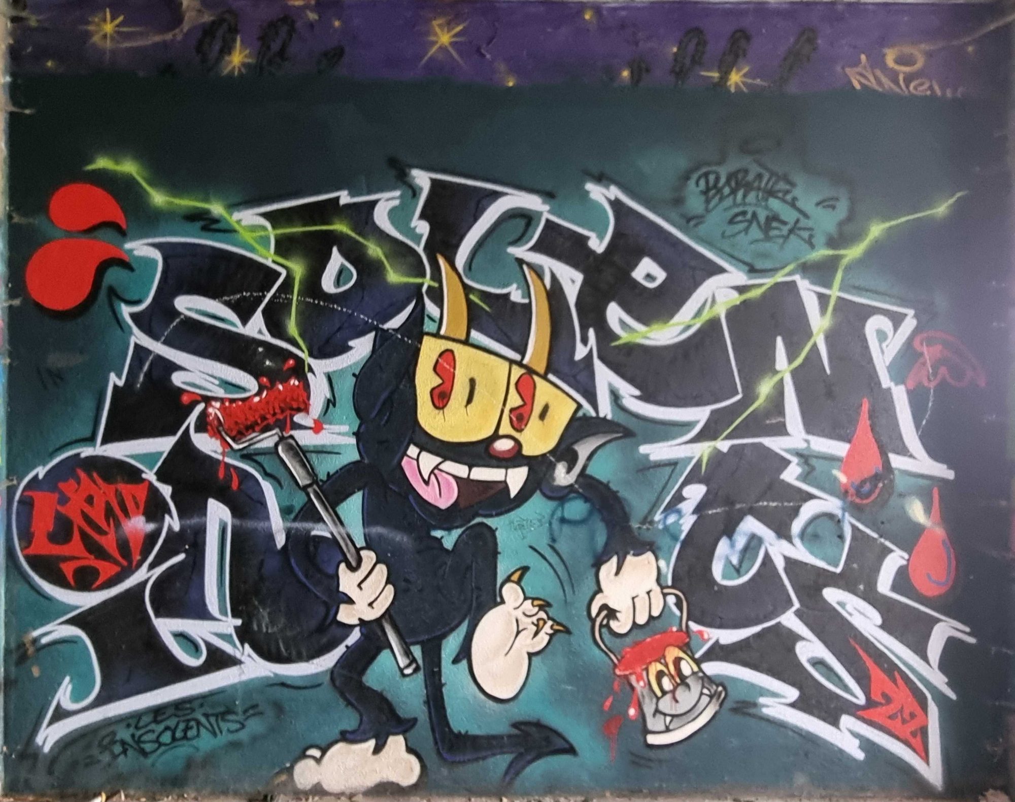 Devil Cat with a Bloody Roller — Street art in Grenoble