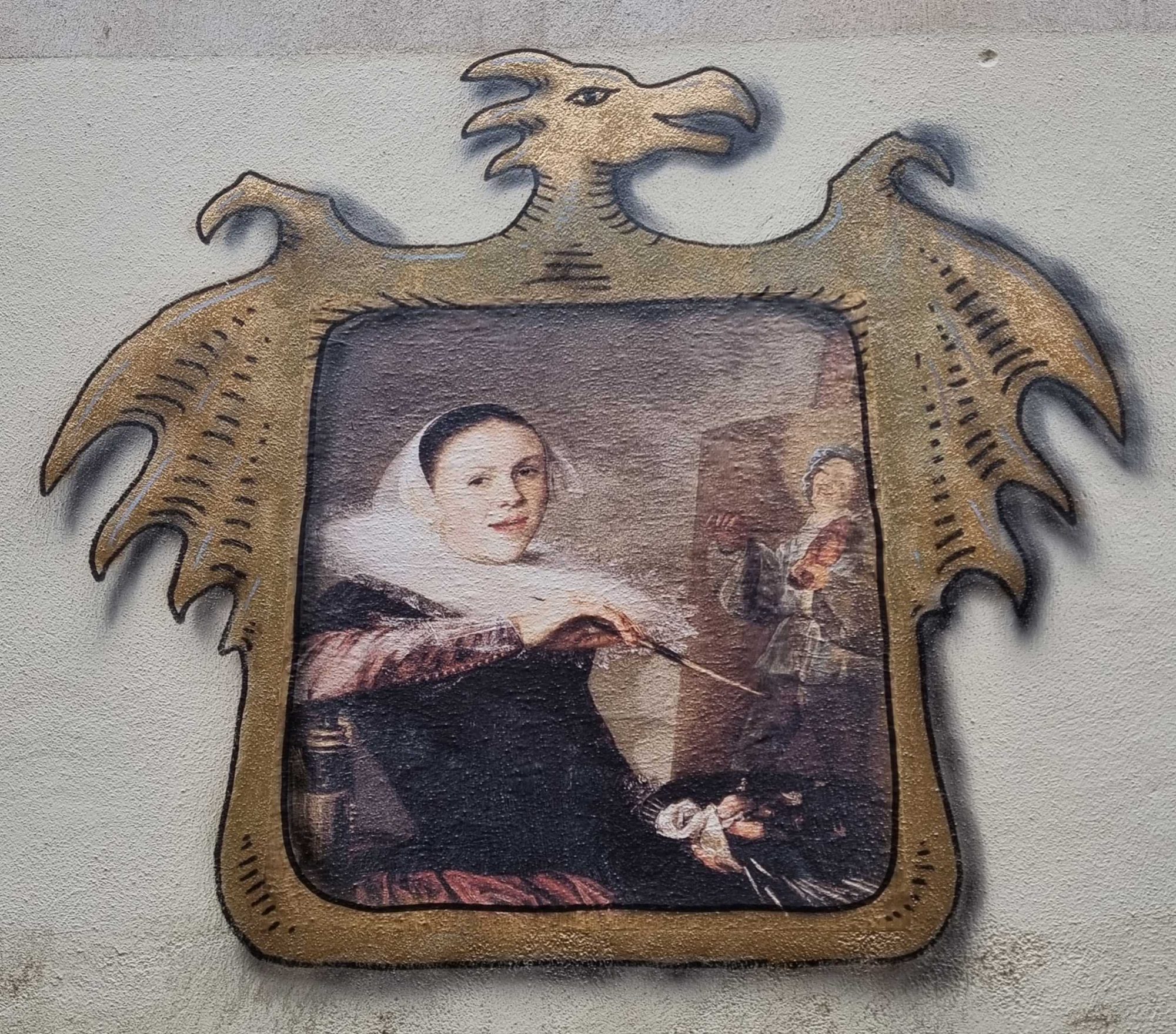 Painter Self-Portrait and Golden Eagle — Street art by Codex Urbanus in Clermont-Ferrand