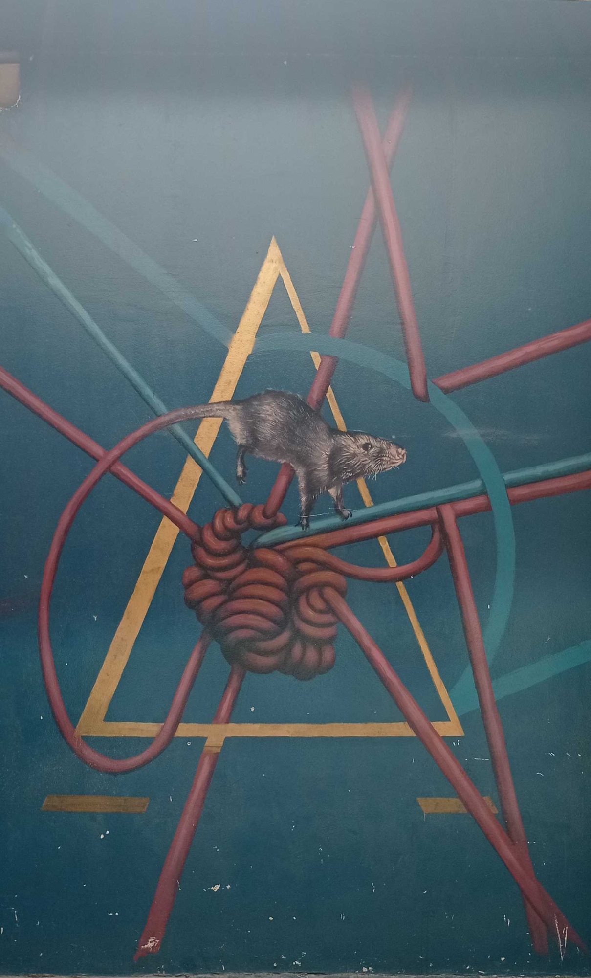 Rat Balancing on Geometric Ropes — Street art in Athina