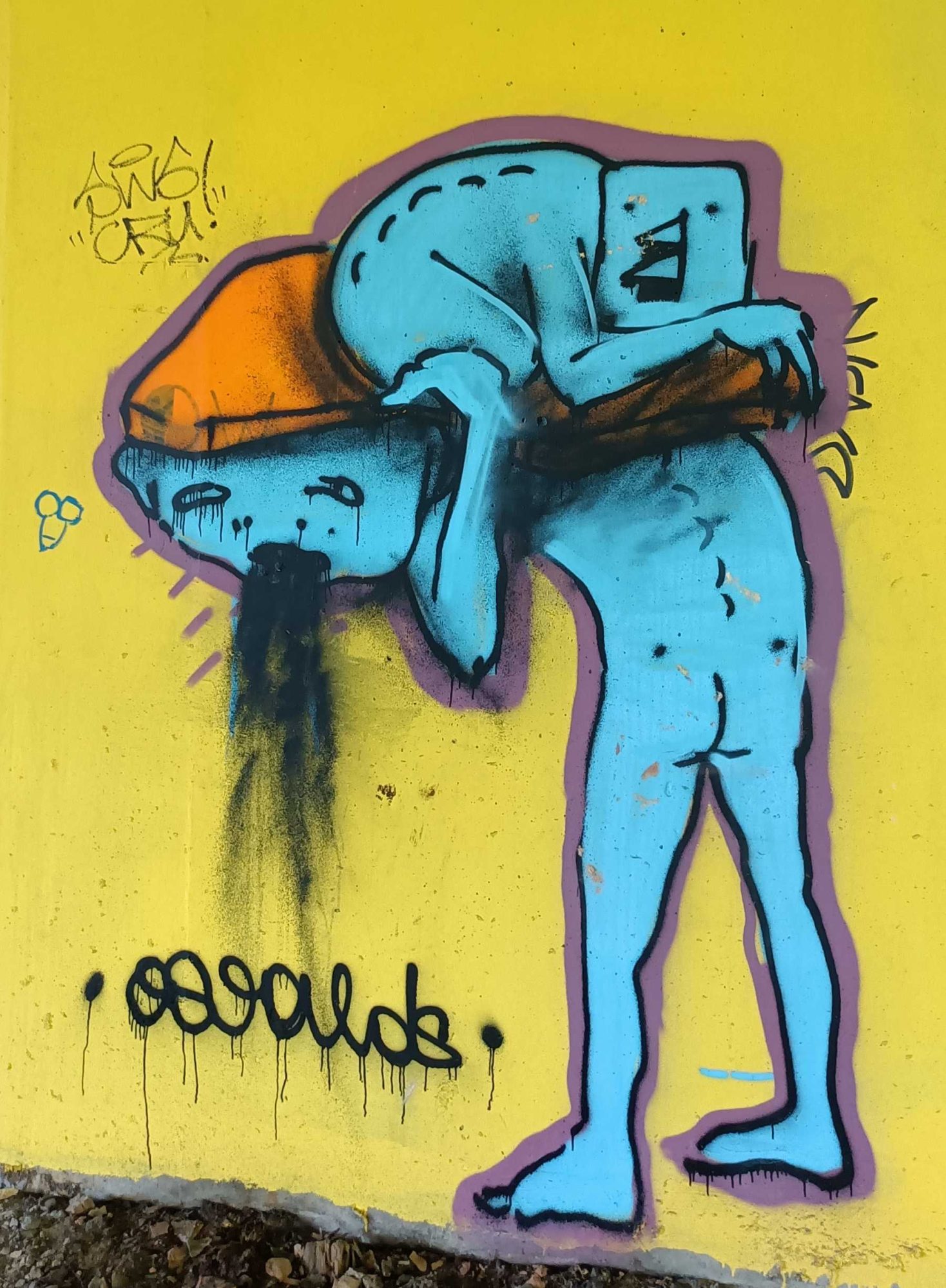 Blue Character with Head in a Bucket — Street art in Rīga