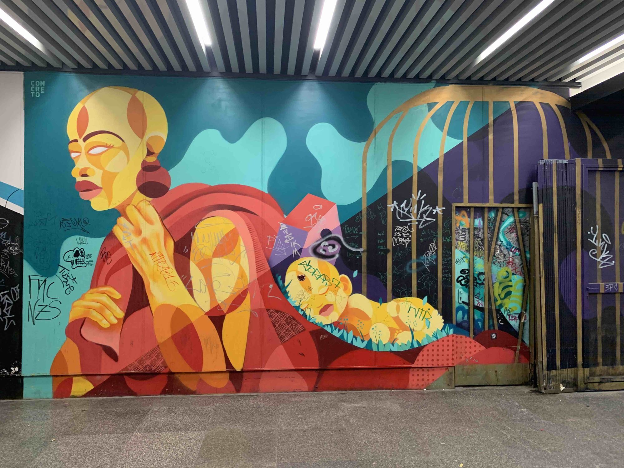 Woman and Colorful Abstraction — Street art in Madrid