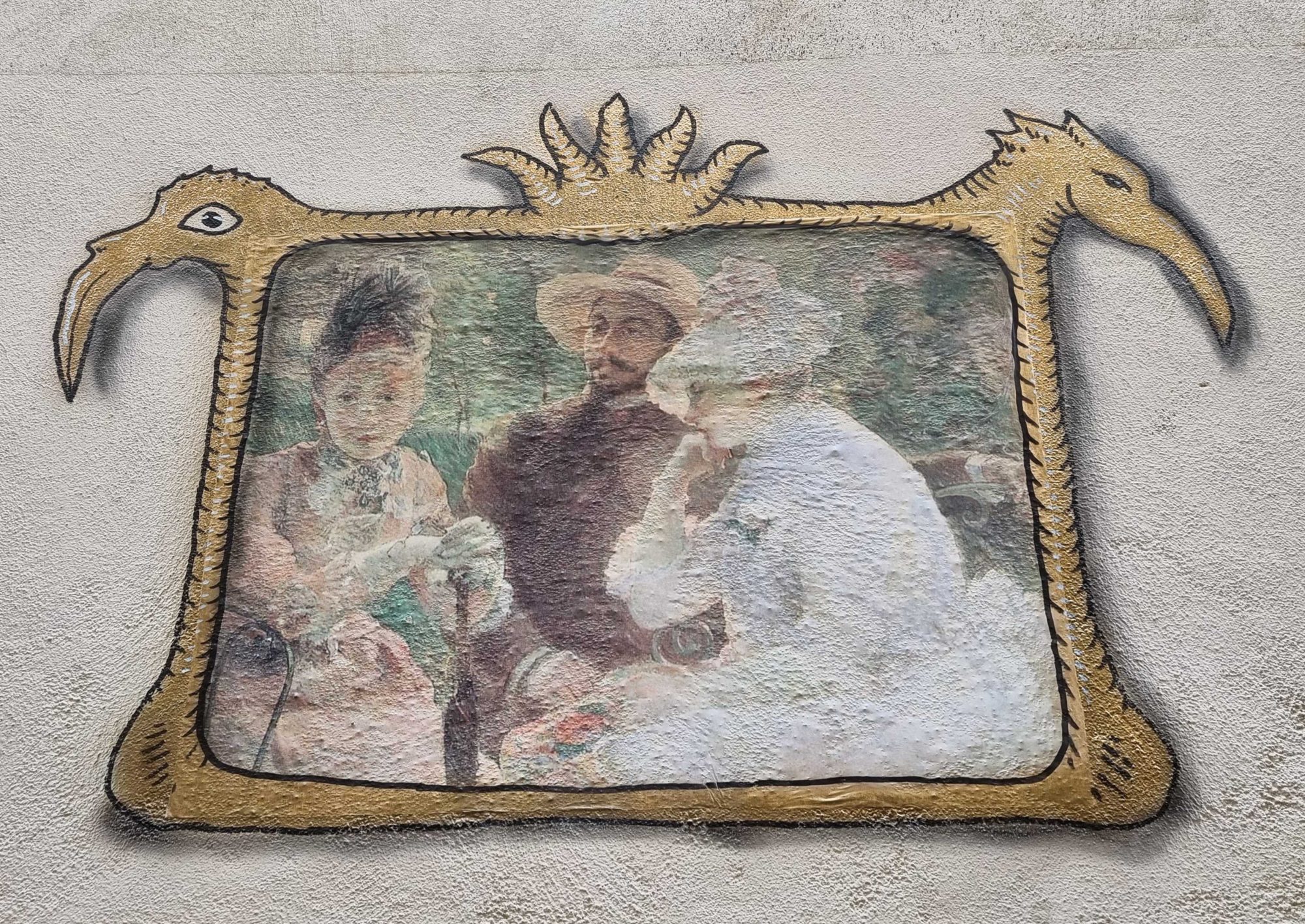 Historical Couple in Sunburst Frame — Street art by Codex Urbanus in Clermont-Ferrand