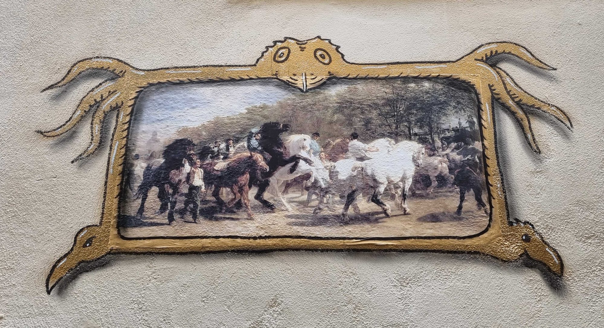 Battle and Horses in Classical Frame — Street art by Codex Urbanus in Clermont-Ferrand