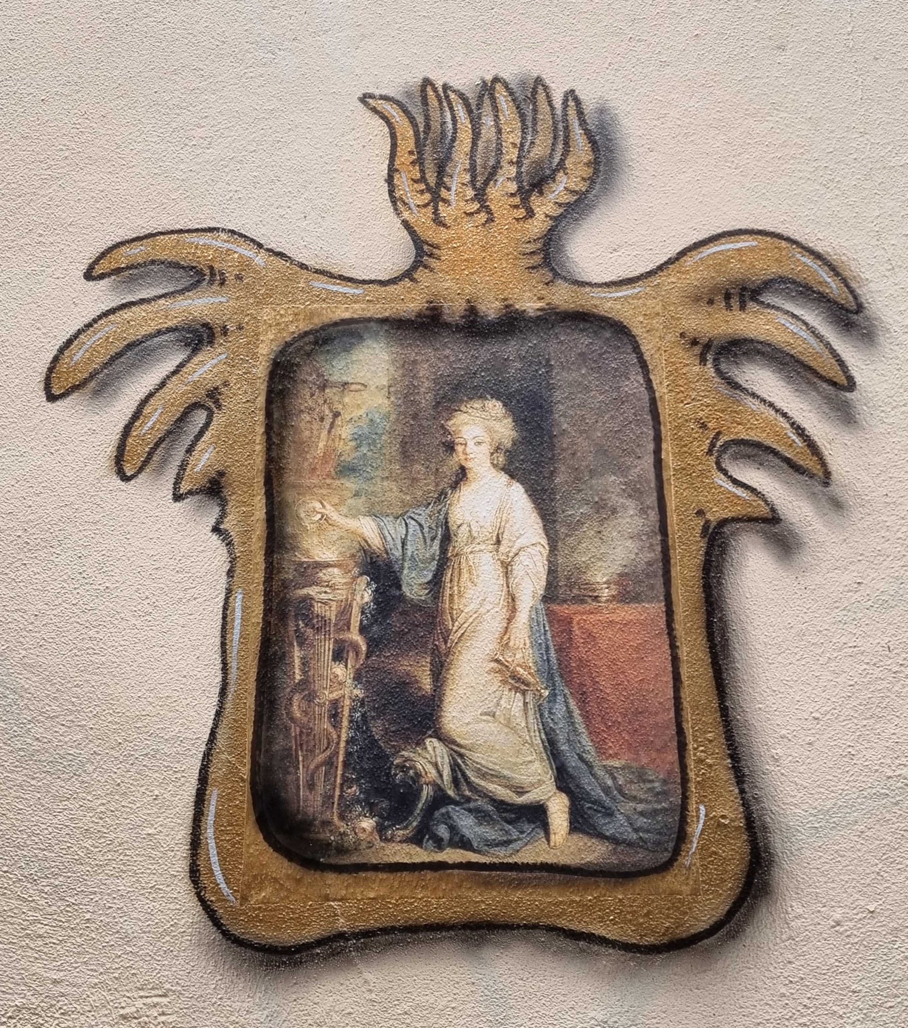 Winged Creature and Lady with Lyre — Street art by Codex Urbanus in Clermont-Ferrand