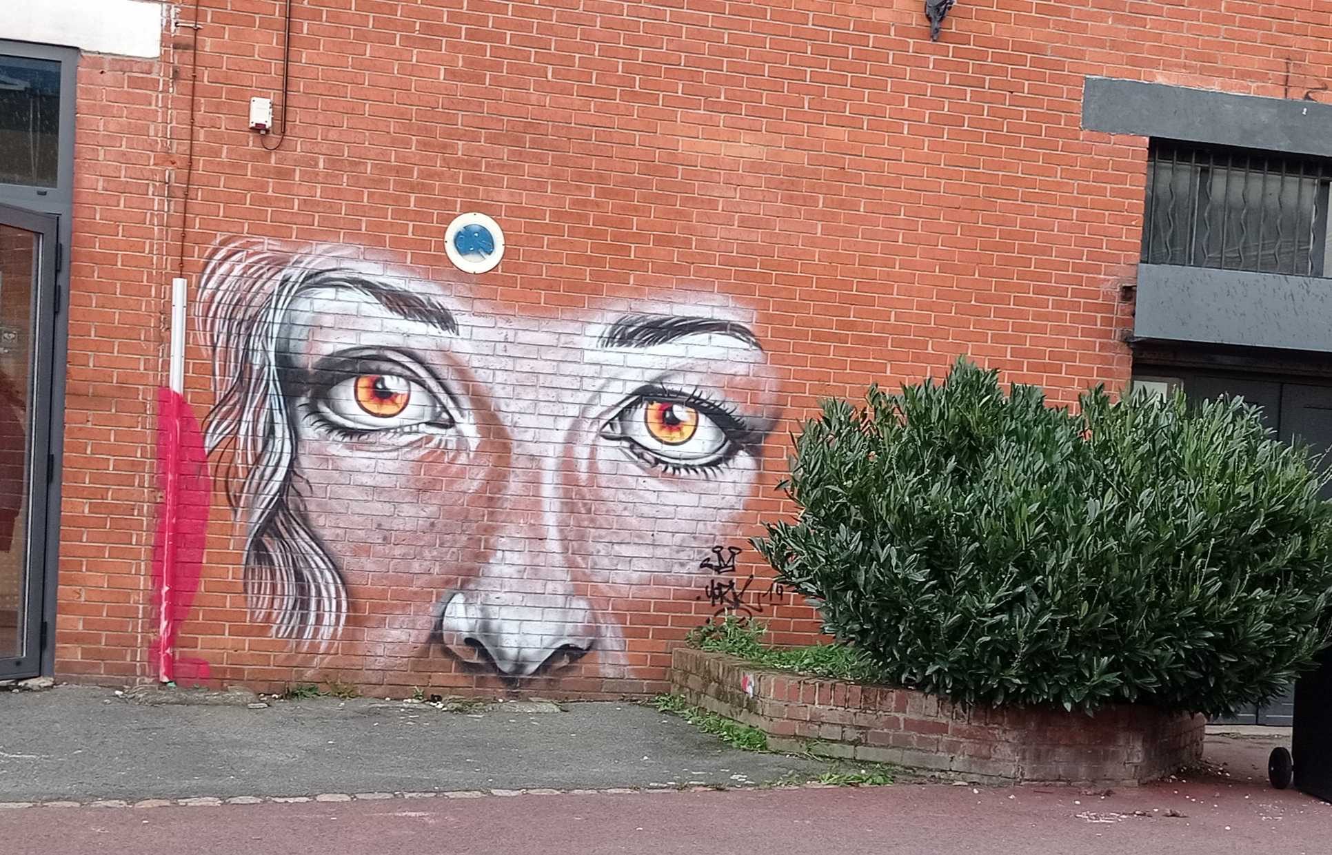 Yeux de femme sur brique lilloise — Street art à Lille