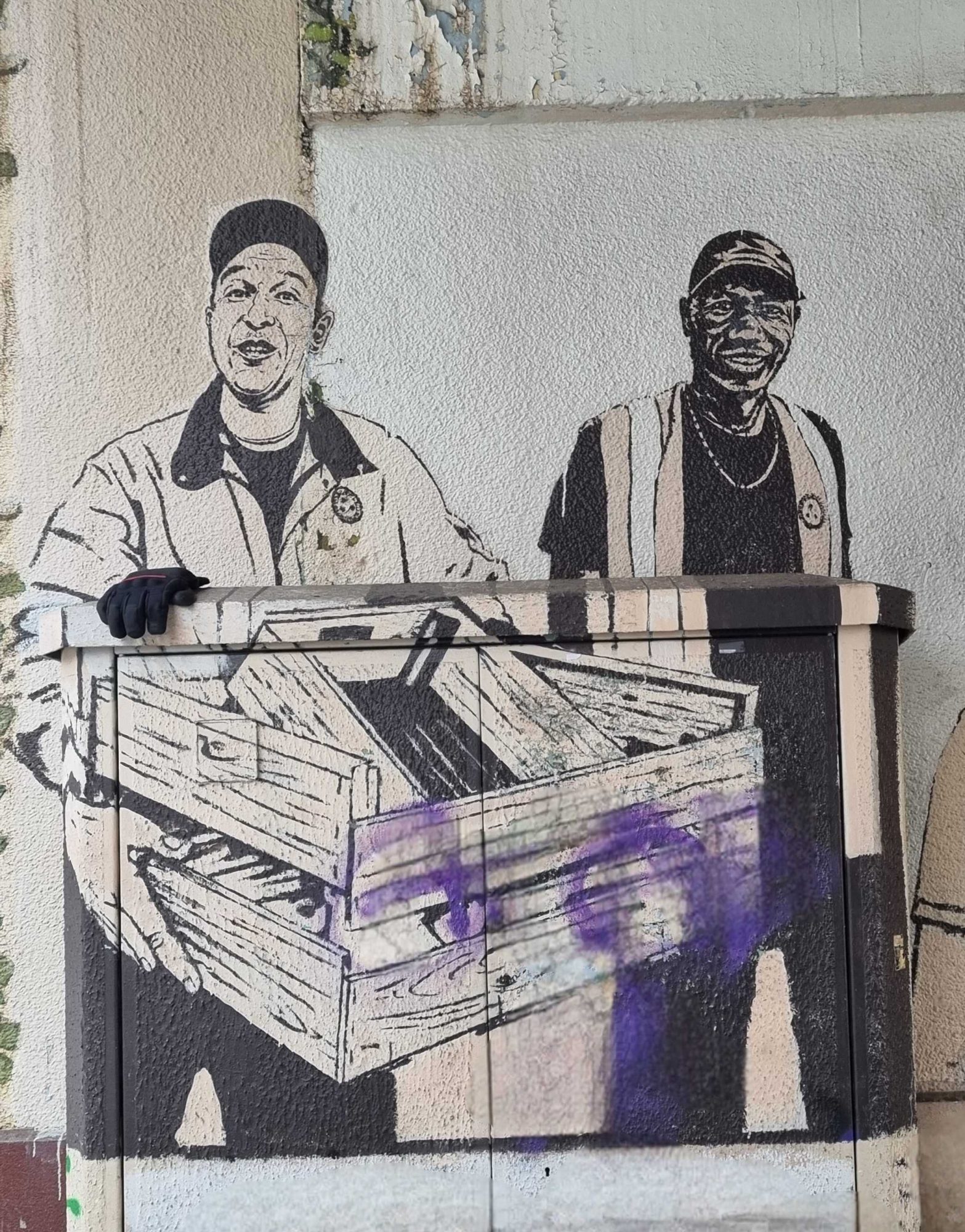 Two Workers Carrying Crates — Street art in Grenoble