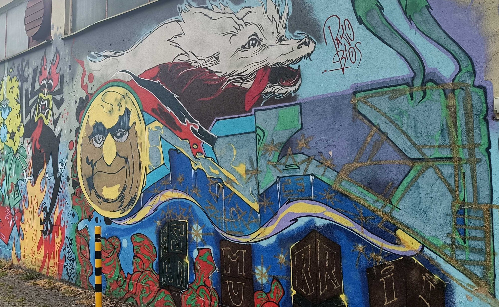 White Wolf and Fantastical Characters on Facade — Street art in Prague