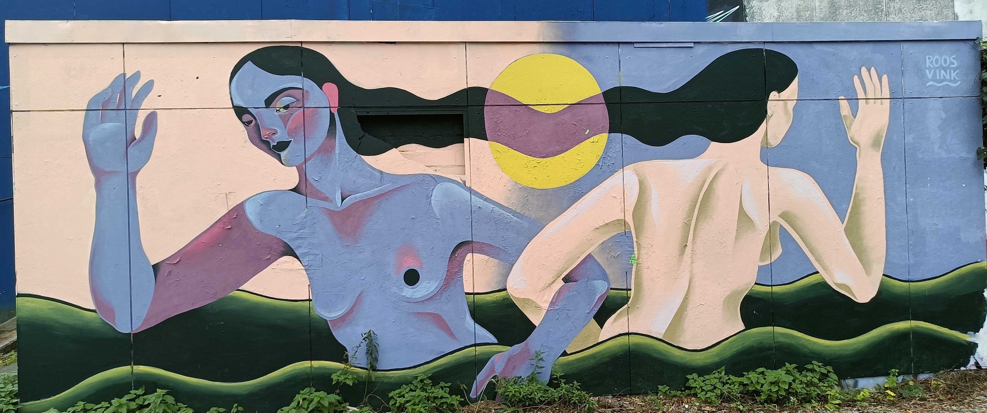 Three Nudes under a Yellow Sun — Street art by Roos Vink in Berlin
