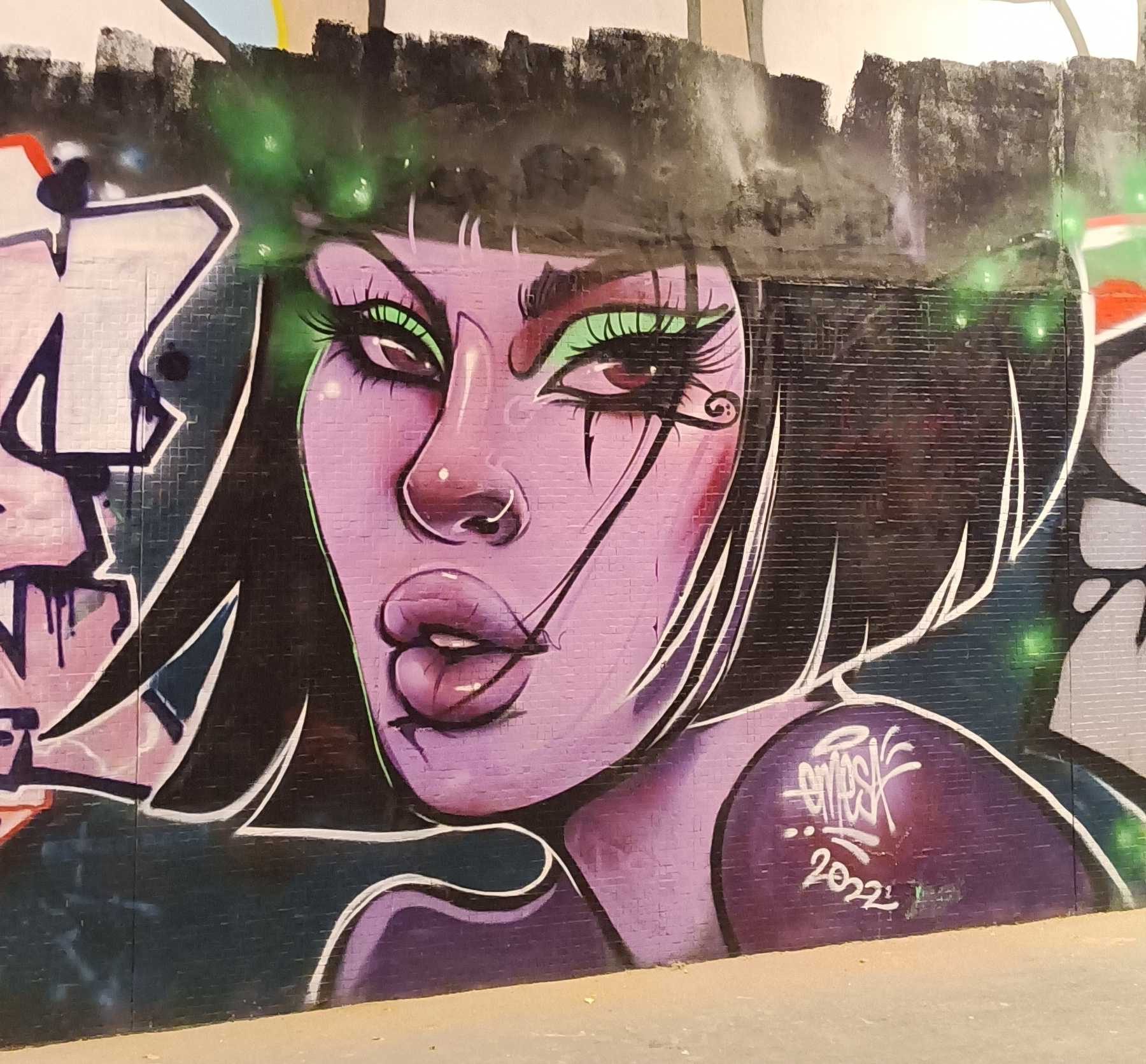 Comic Style Woman Portrait with Green Eyes — Street art in Paris