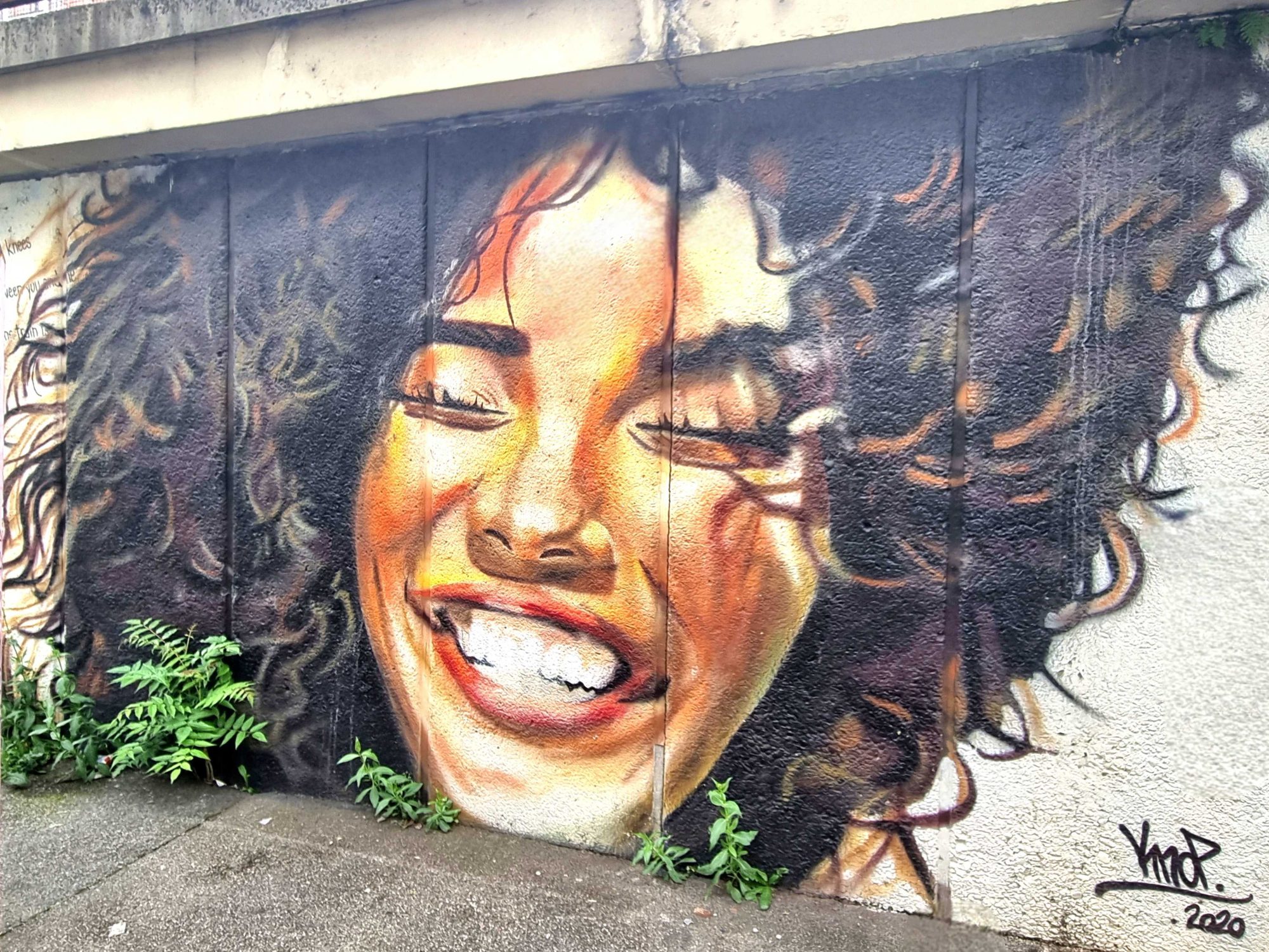 Joyful Portrait of Curly-Haired Woman — Street art in Grenoble