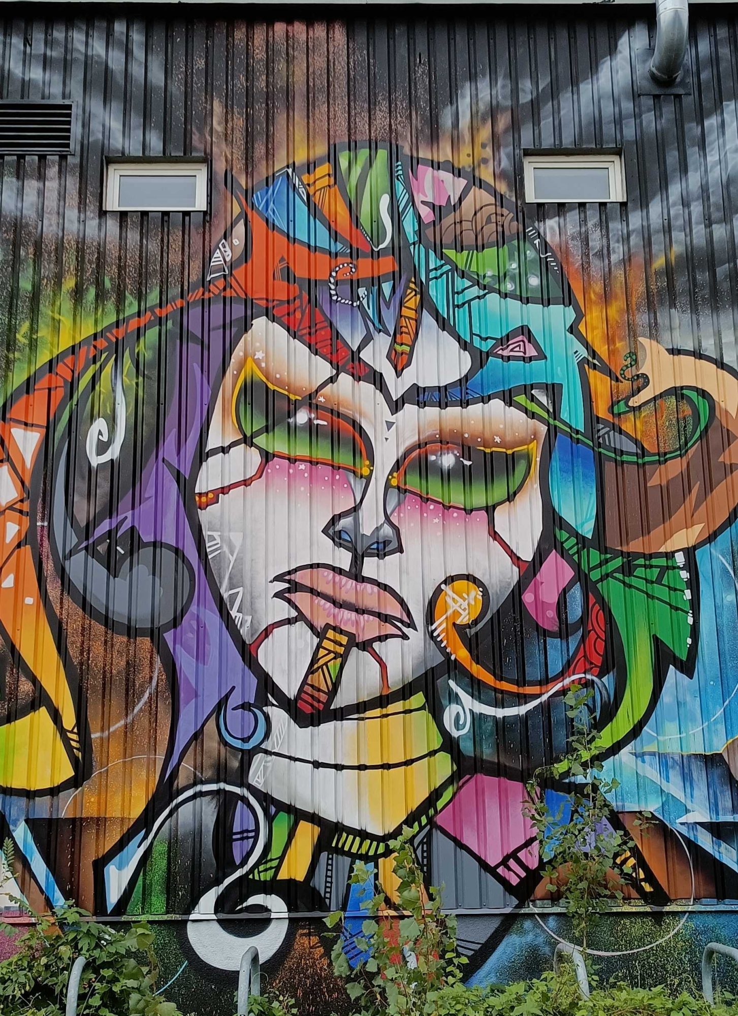 Portrait féminin psychédélique multicolore — Street art à Berlin