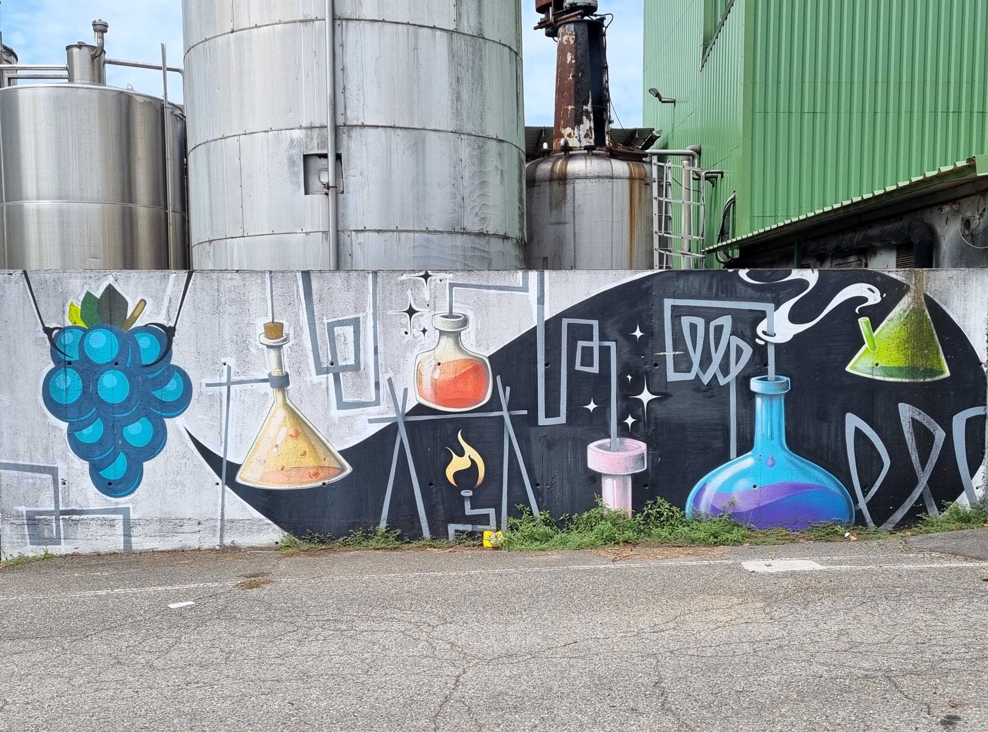 The Flasks and the Blue Grapes — Street art in Vallon-Pont-d'Arc