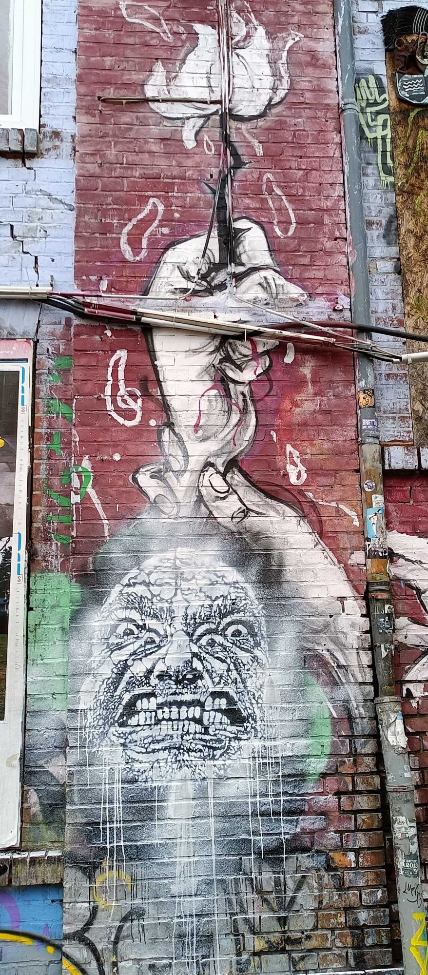 Hand with a Flower and Screaming Face — Street art in Berlin