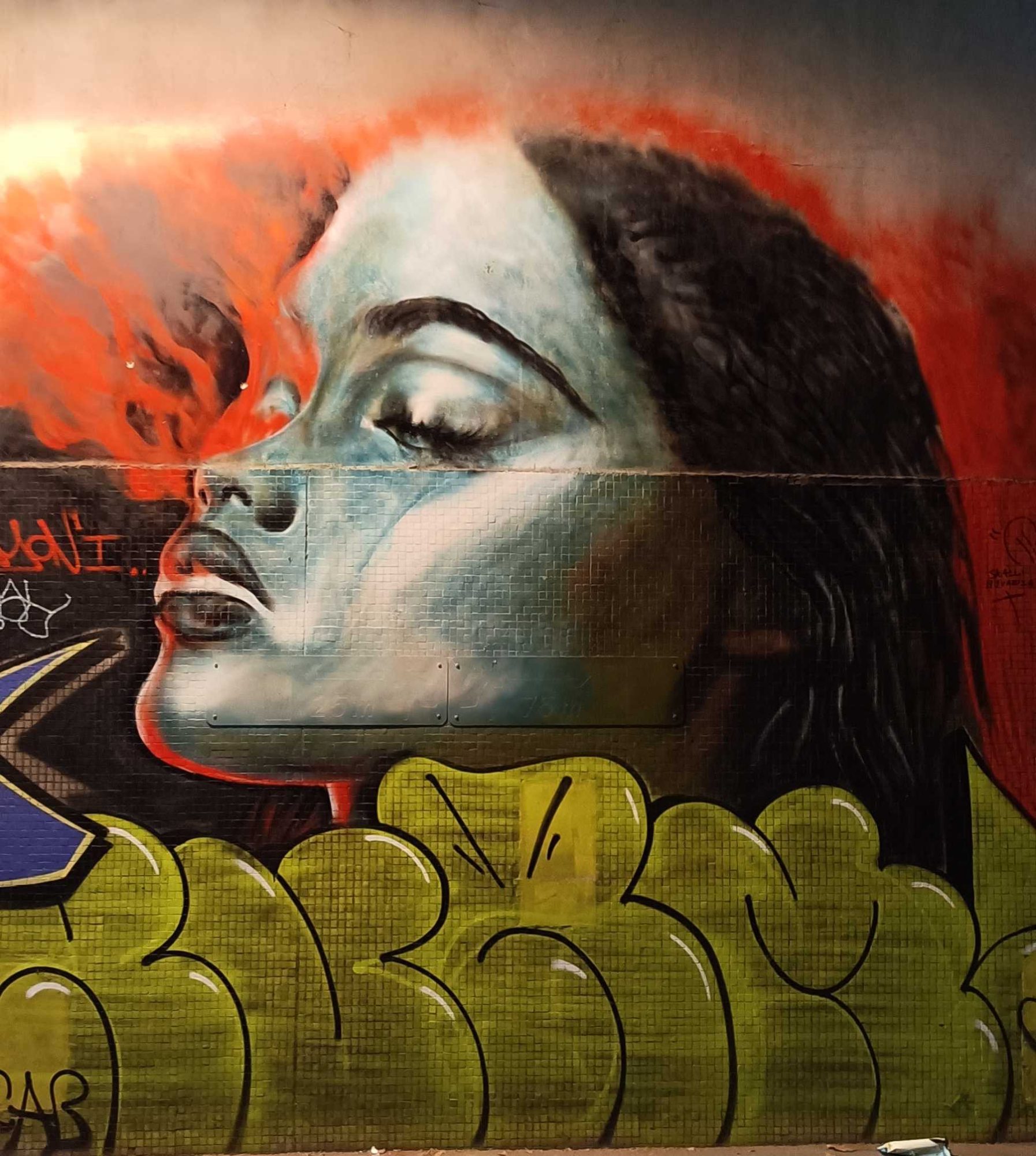 Realistic Female Portrait with Flames — Street art in Paris