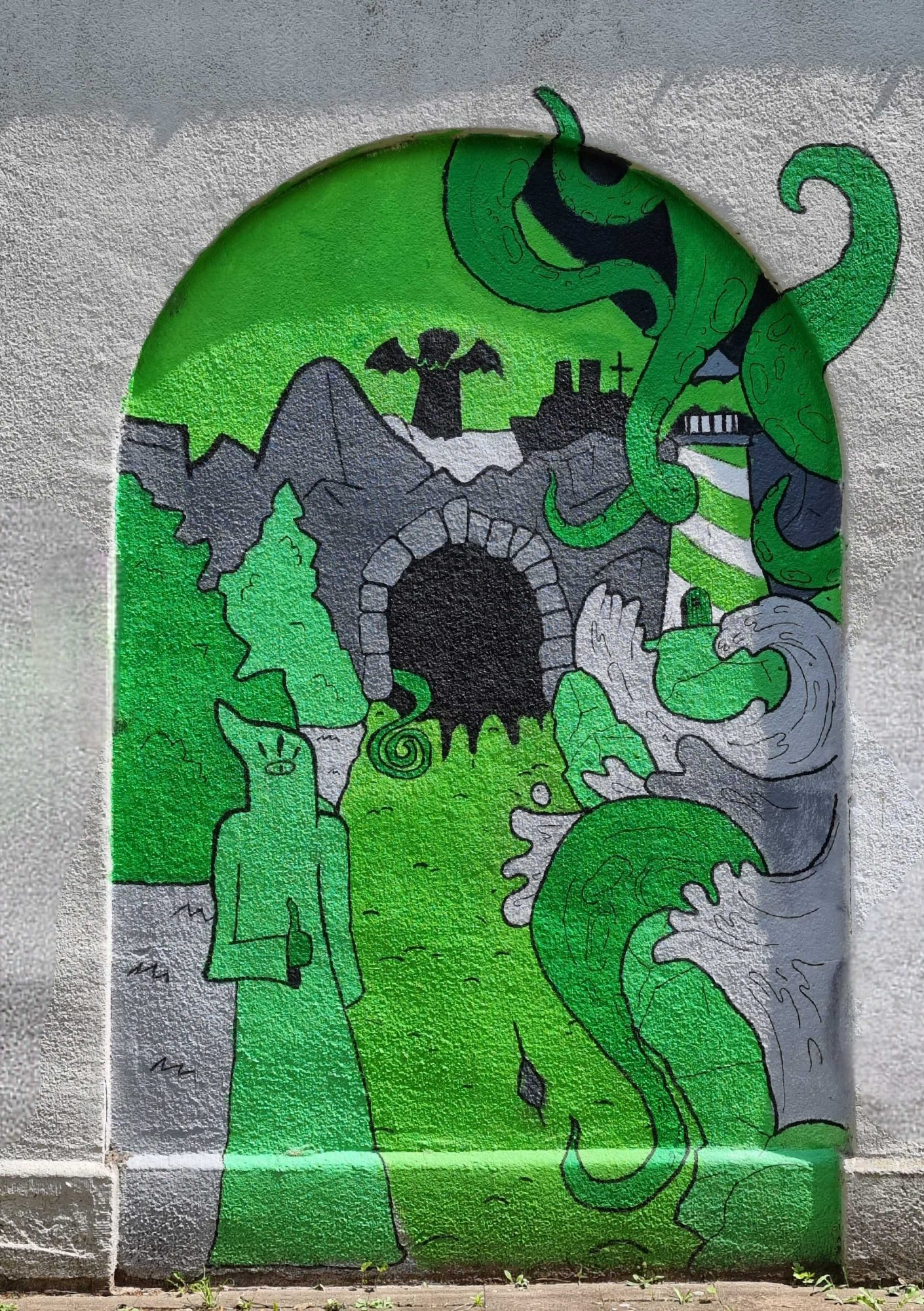 Paysage vert au phare et tentacules — Street art à Strasbourg