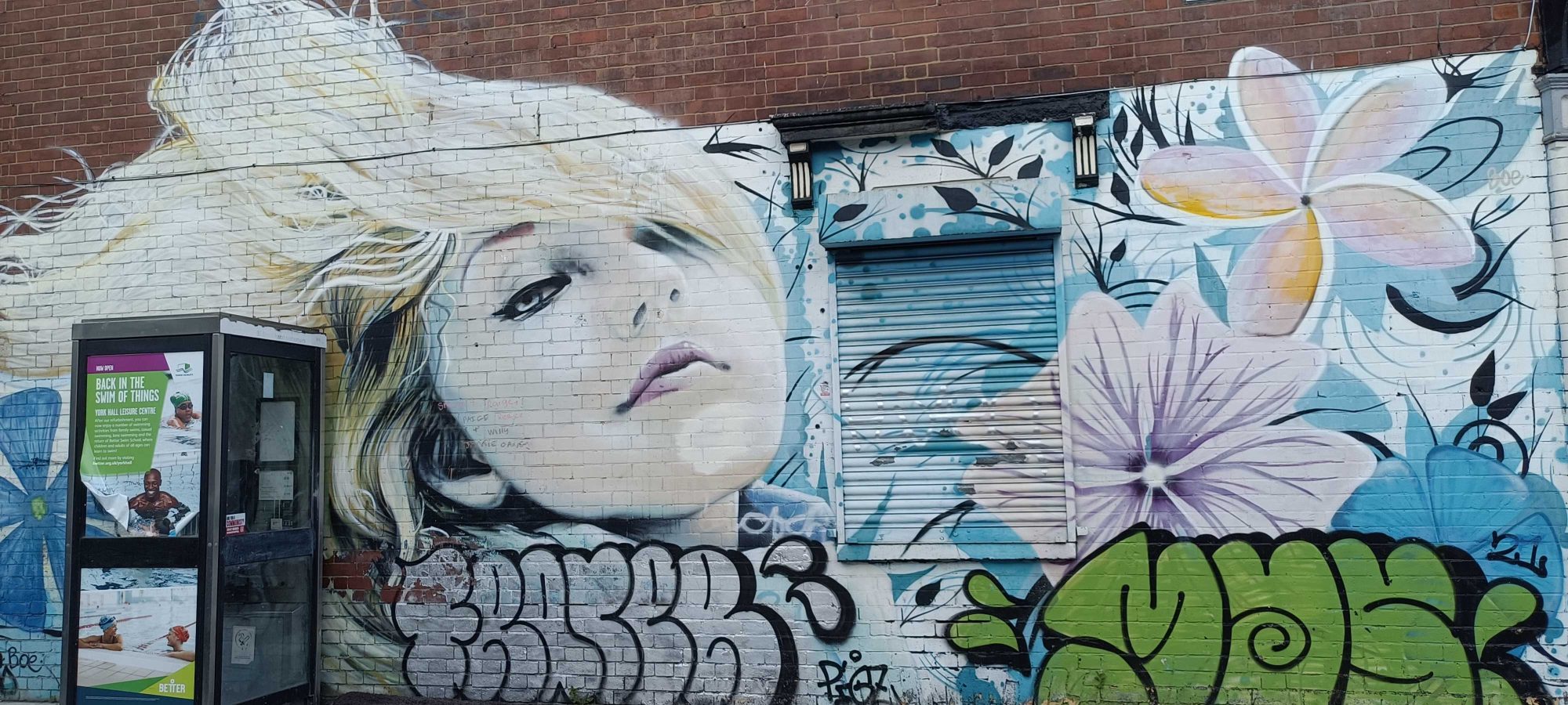 Femme blonde et fleurs bleues — Street art de IRONY, Boe à London