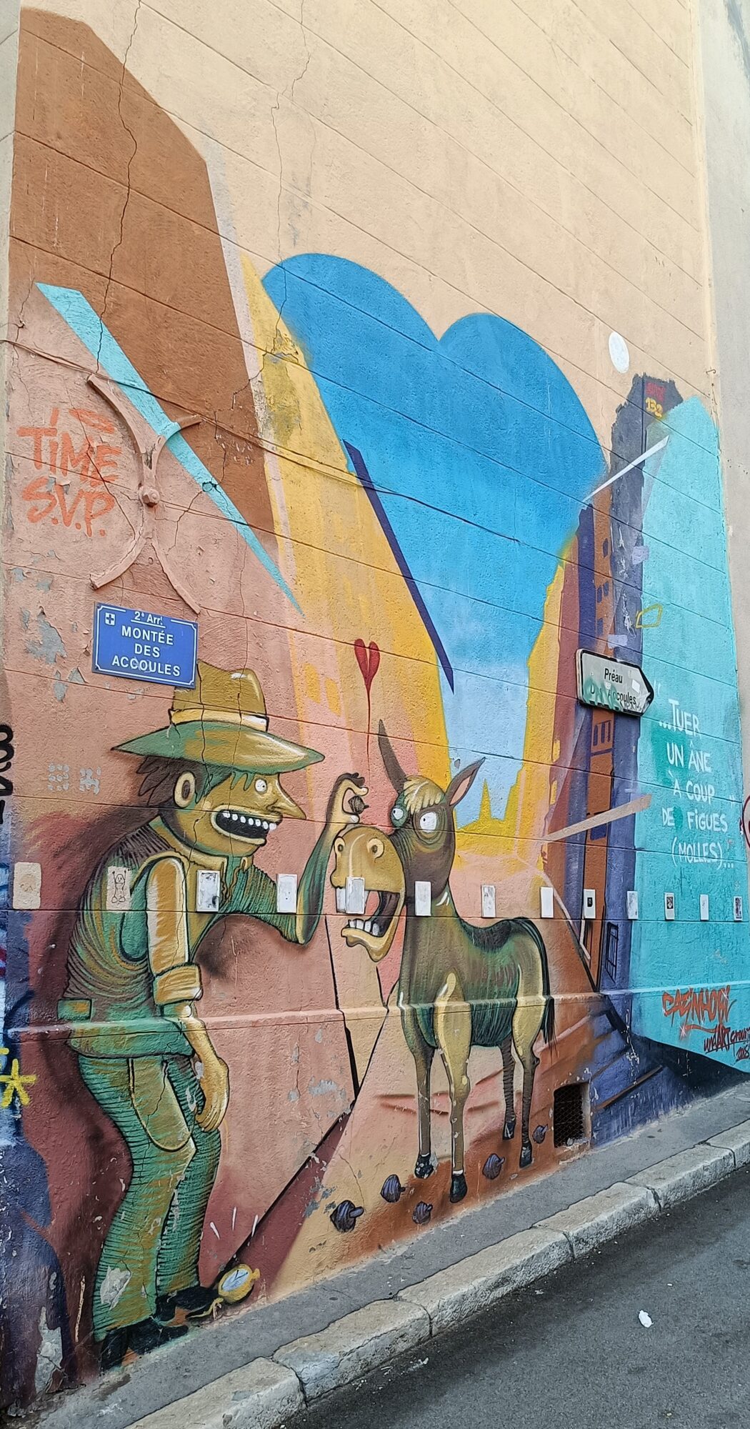 Killing a donkey with soft figs, Montée des Accoules — Street art by Nhobi, Seek313 in Marseille