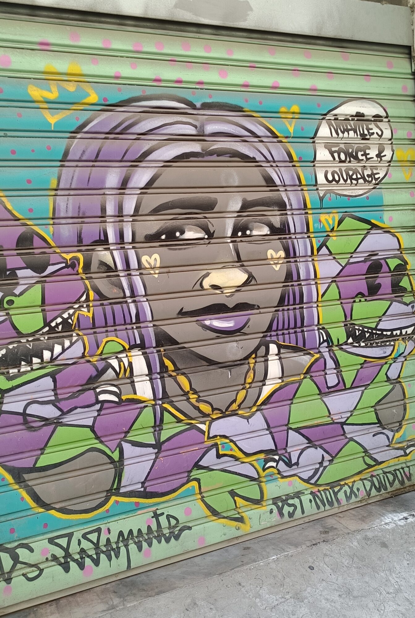 Femme aux cheveux violets et crocodiles — Street art à Marseille